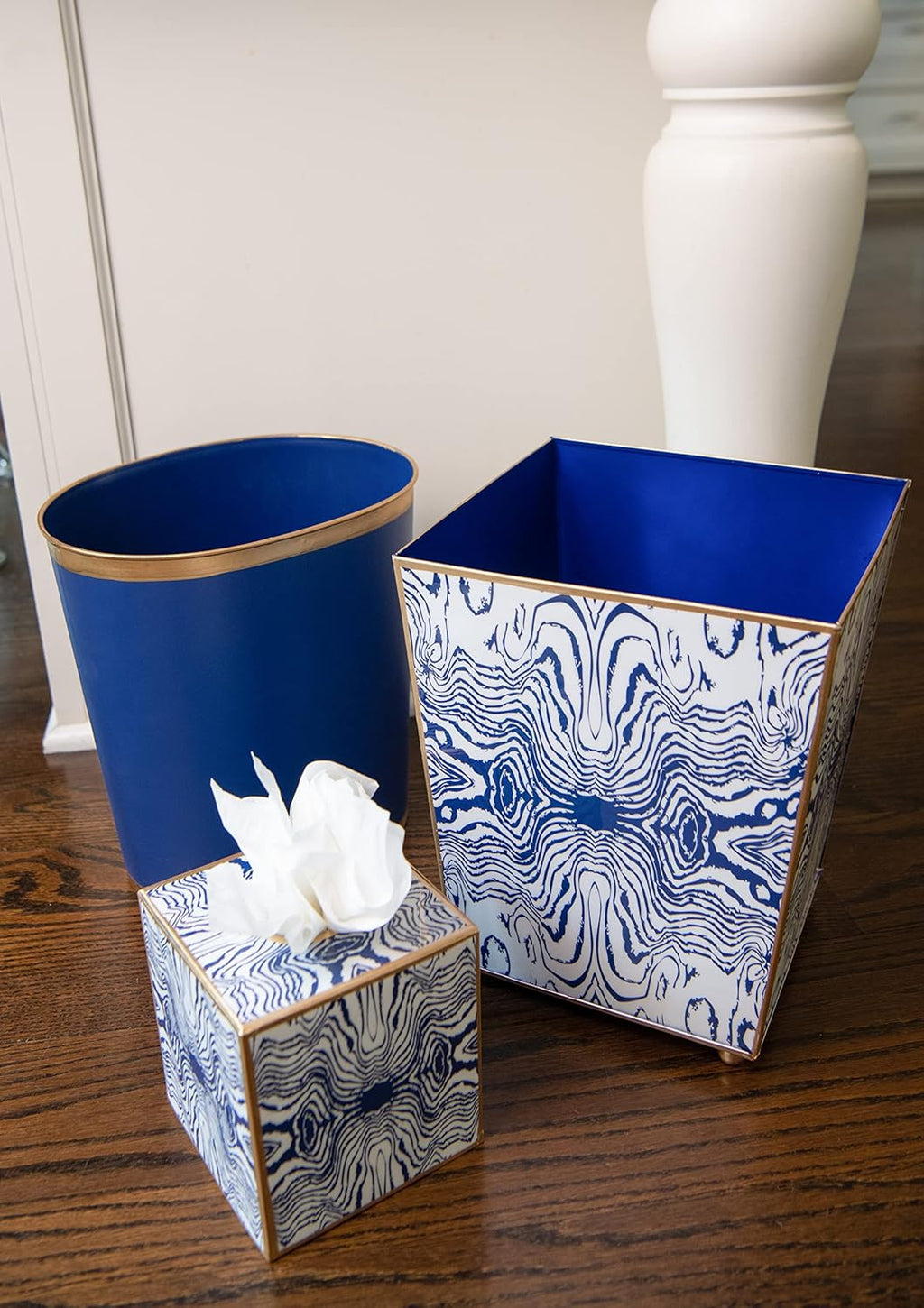 Jaye's Studio Mattie Line, Oval Wastebasket & Garbage Bin, Gold Trim & Finish, Hand-Painted, Handcrafted Metal, Trash Bin for Bedroom, Office, Bathroom, 12" x 10" x 8" (Navy)