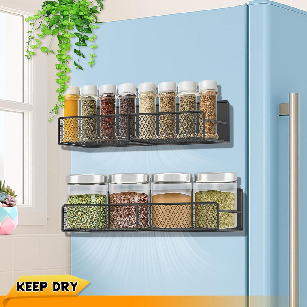 2 Pack Magnetic Spice Rack for Refrigerator, Black Magnetic Shelf with 4 Removable Hooks, Rustproof Magnetic Shelf for Fridge, Oven, Condiments, Oils, Seasoning Spice Organizer