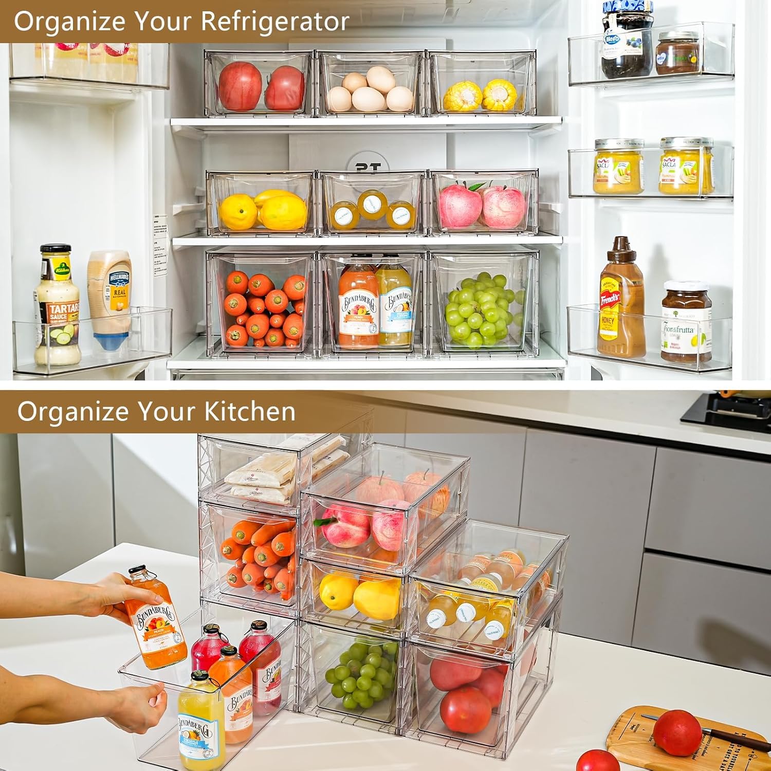 6Pack Stackable Kitchen Storage Organizer, Pantry Organizers and Storage, Clear Foods Organizer Bins with Handles, Easily Assemble for Bathroom, Kitchen, Pantry, Cabinet, Closet