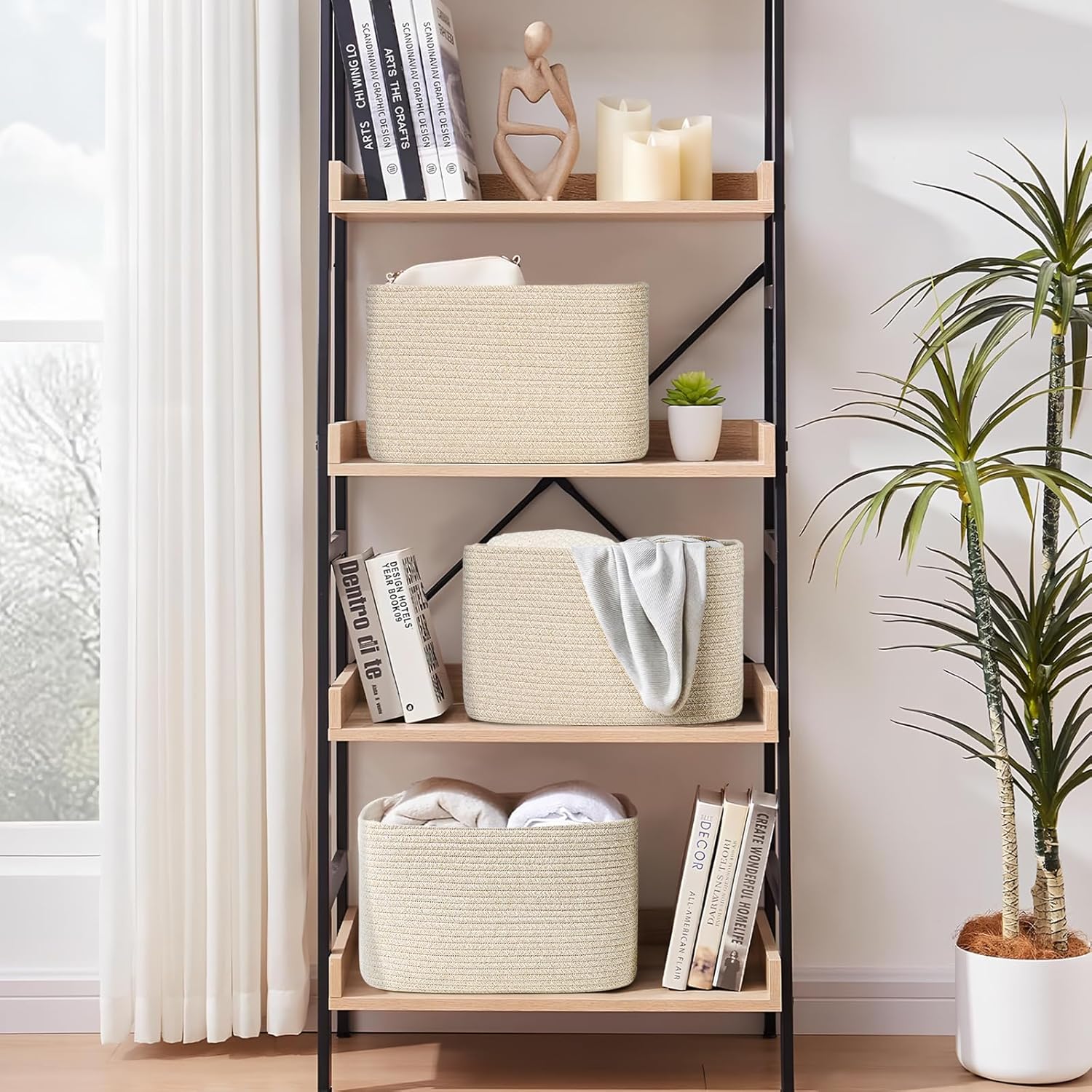 3-Pack Shelf Baskets for Organizing, Woven Storage Basket for Shelves, Cotton Rope Storage Bins for Toys Books, Nursery Towel Baskets for Classroom, 14.96"X9.8"X8.85", Brown