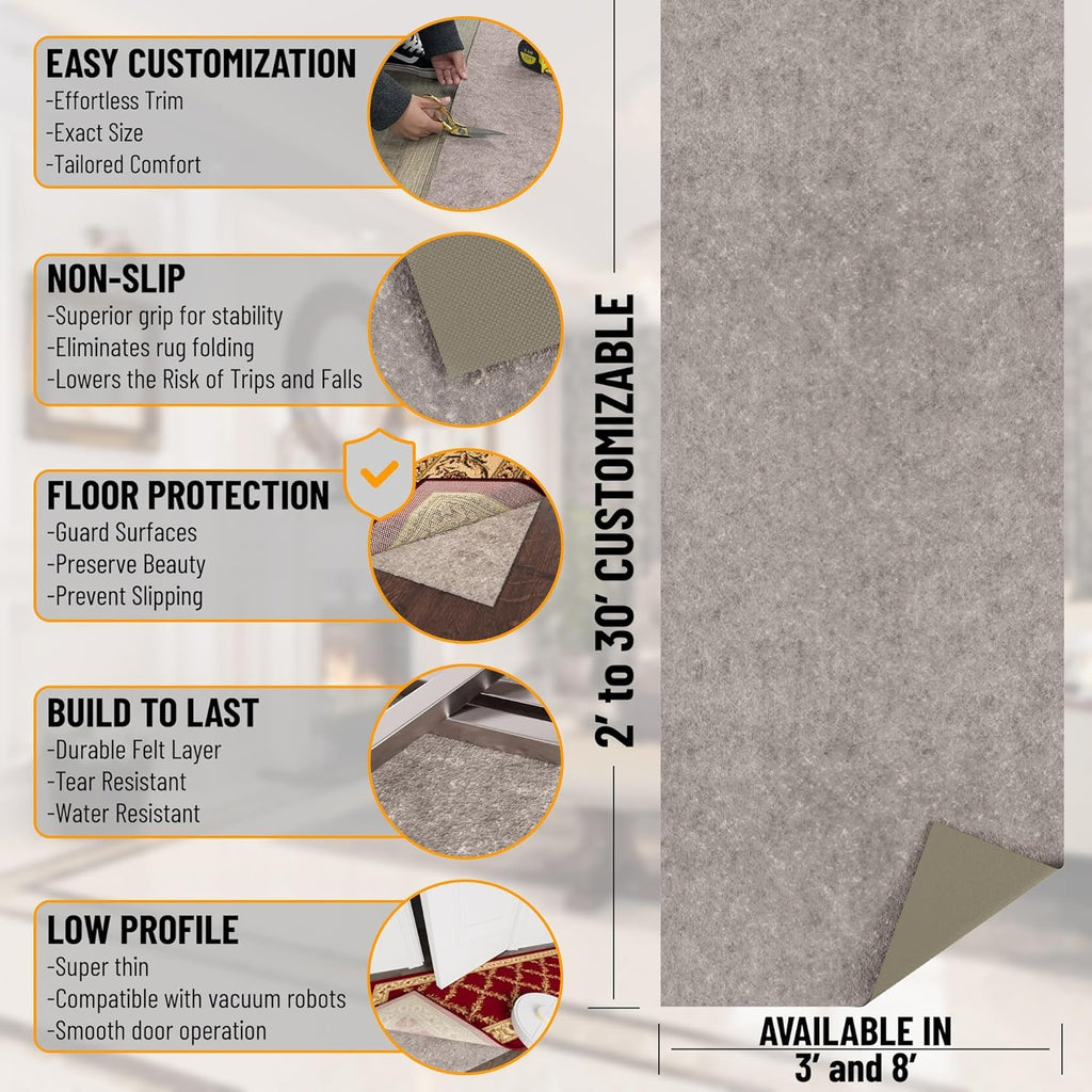 Ottomanson 8' x 11' Non-Slip Rug Pad Gripper 1/4 Inch Thick Dual Surface Felt + Rubber Gripper - Safe for All Floors, Brown