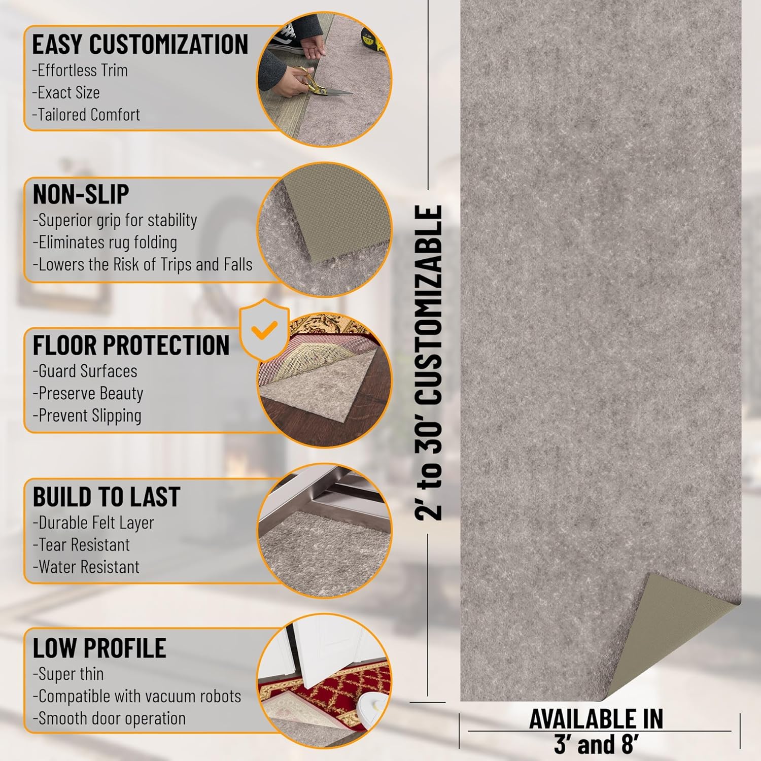 Ottomanson 7' x 8' Non-Slip Rug Pad Gripper 1/4 Inch Thick Dual Surface Felt + Rubber Gripper - Safe for All Floors, Brown