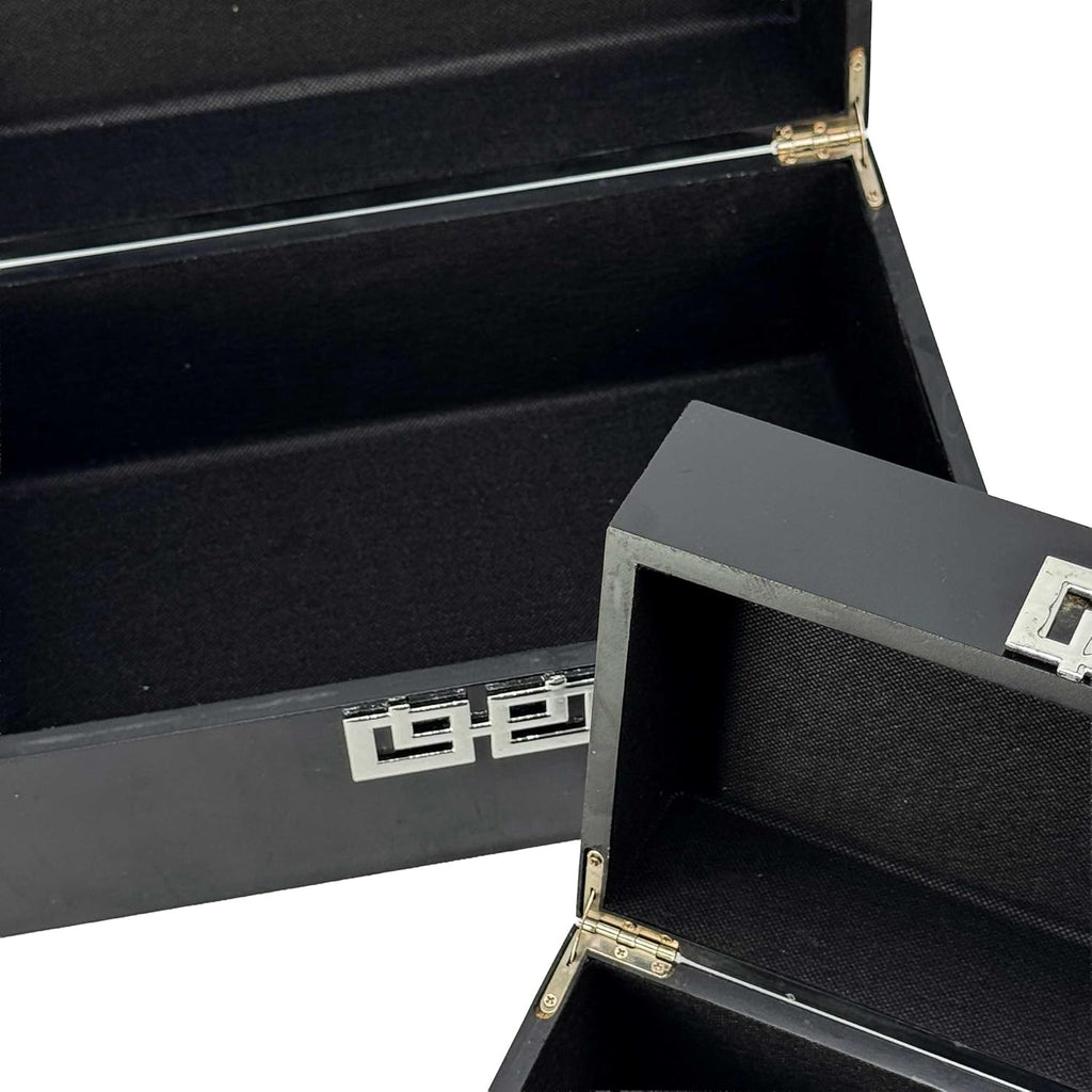 Galt International Storage Box Set Decorative Storage Box w/Hinged Lid Classic Design Wood Decor Boxes with Geometric Clasp Storage for Bedroom & Home - Set of 2 (Black & Silver)