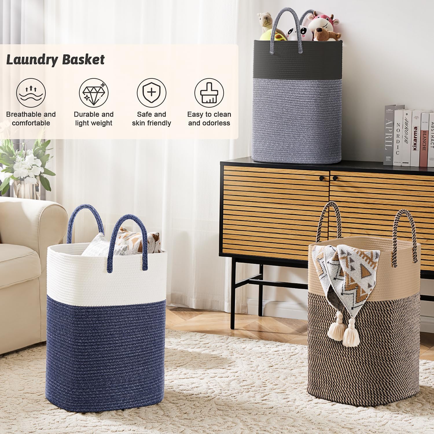 Laundry Basket,Woven Cotton Rope Laundry Hamper,Versatile Storage for Dirty Clothes,Baby Toys,and Blankets in Bathroom, Nursery,and Living Room (Black, 80L)