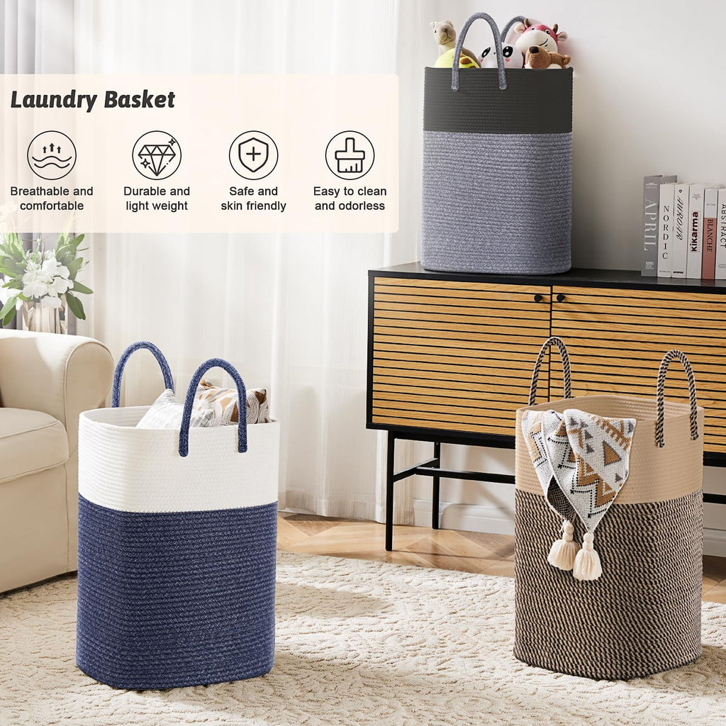 Laundry Basket,Woven Cotton Rope Laundry Hamper,Versatile Storage for Dirty Clothes,Baby Toys,and Blankets in Bathroom, Nursery,and Living Room (Black, 40L)