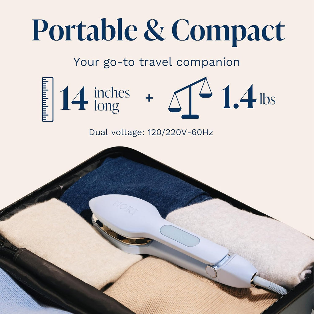 Nori Press Travel Steam Iron - Handheld Iron With Optional Steam Feature - No Ironing Board Required - Easy to Use w/ 6 Fabric Settings - Removes Wrinkles - User Manual Included -Blue