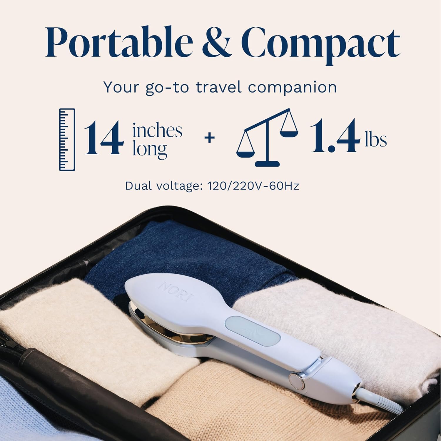 Nori Press Travel Steam Iron - Handheld Iron With Optional Steam Feature - No Ironing Board Required - Easy to Use w/ 6 Fabric Settings - Removes Wrinkles - User Manual Included -Blue