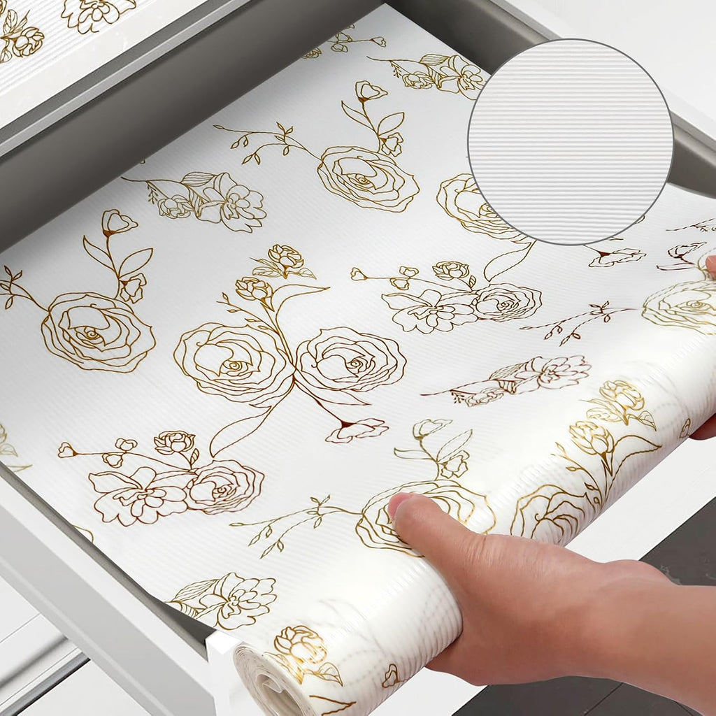 Shelf Cabinet Liner for Kitchen- Non Adhesive Drawer Liner Refrigerator Liner, Premium Waterproof Shelf Paper Protect Surface, Non Slip Easy to Clean Durable EVA Material, Gold Roses, 11.8 in x 20FT