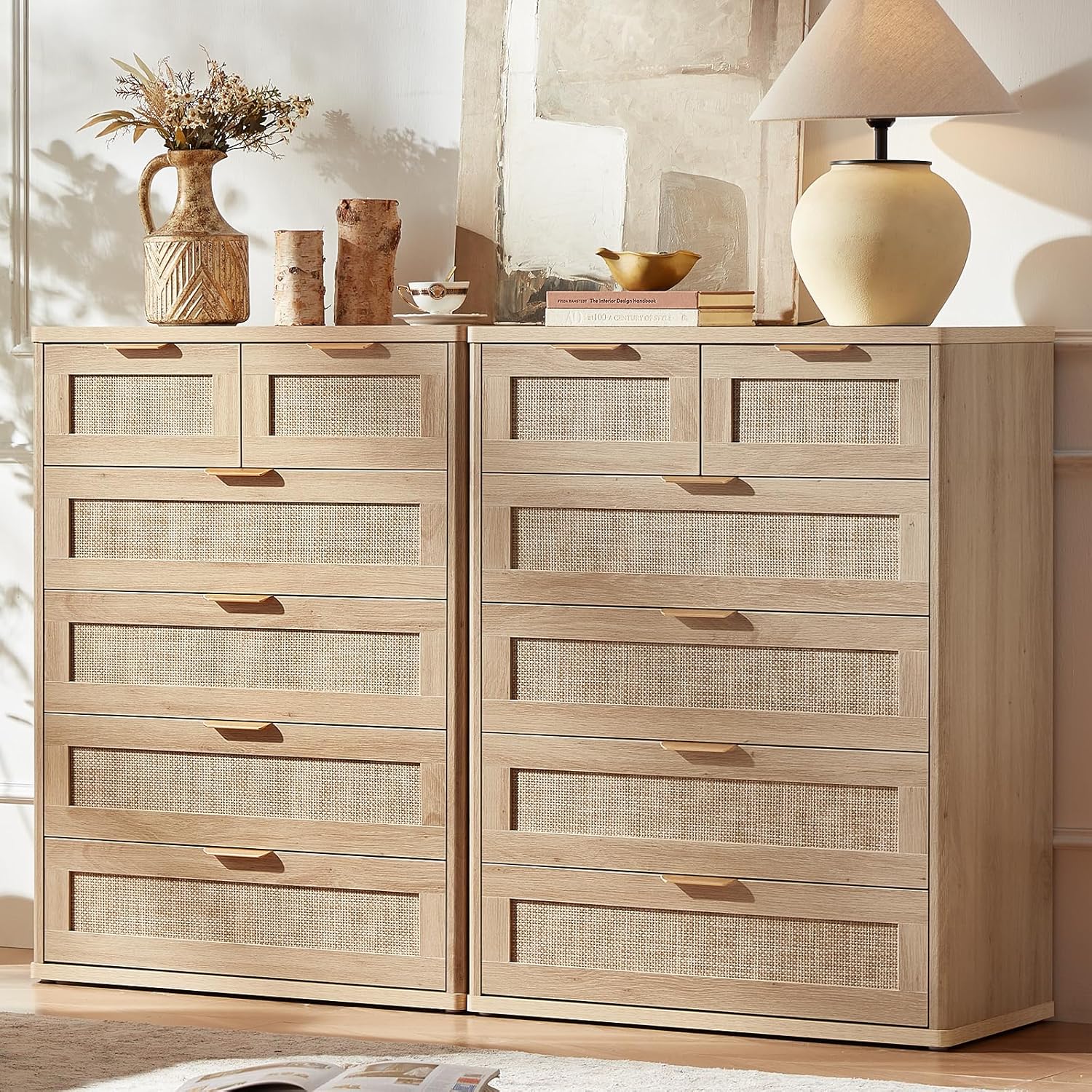 LEYAOYAO Rattan Dresser for Bedroom Set of 2, 42" Tall Chest of Drawers, Modern 6 Drawers Boho Dressers with Storage, Light Oak Dresser Wooden Closet Organizer for Living Room, Hallway, Natural Wood
