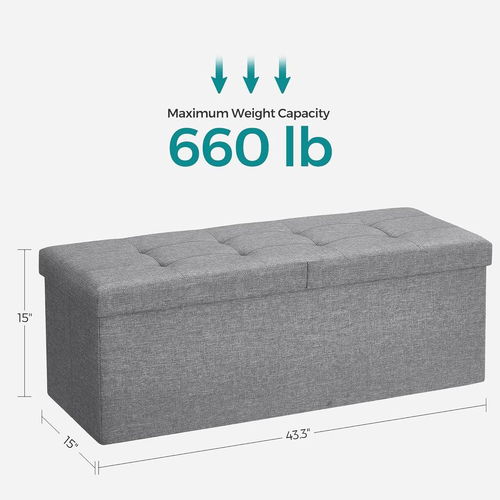 SONGMICS MAZIE Collection - 43 Inches Storage Ottoman, Foldable Storage Bench with Flipping Lid, 660 lb Load Capacity, for Entryway, Living Room, Bedroom, Light Gray ULSF71G