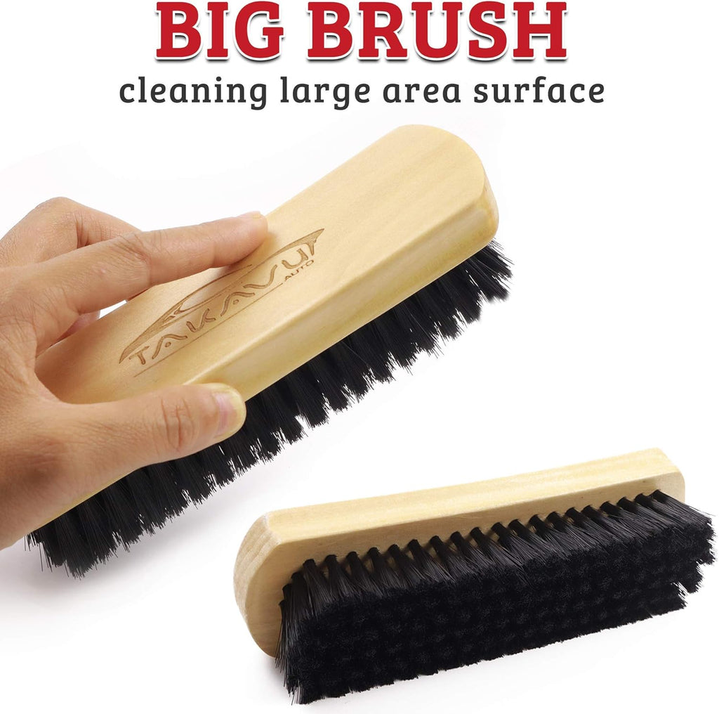 Leather & Textile Shine Brush by TAKAVU, Durable Soft Nylon Bristles, Included Detailing Cleaning Brush, Unique Concave Design Wood Handle for Car Interior Seat Carpet Upholstery Couch Boots Shoes