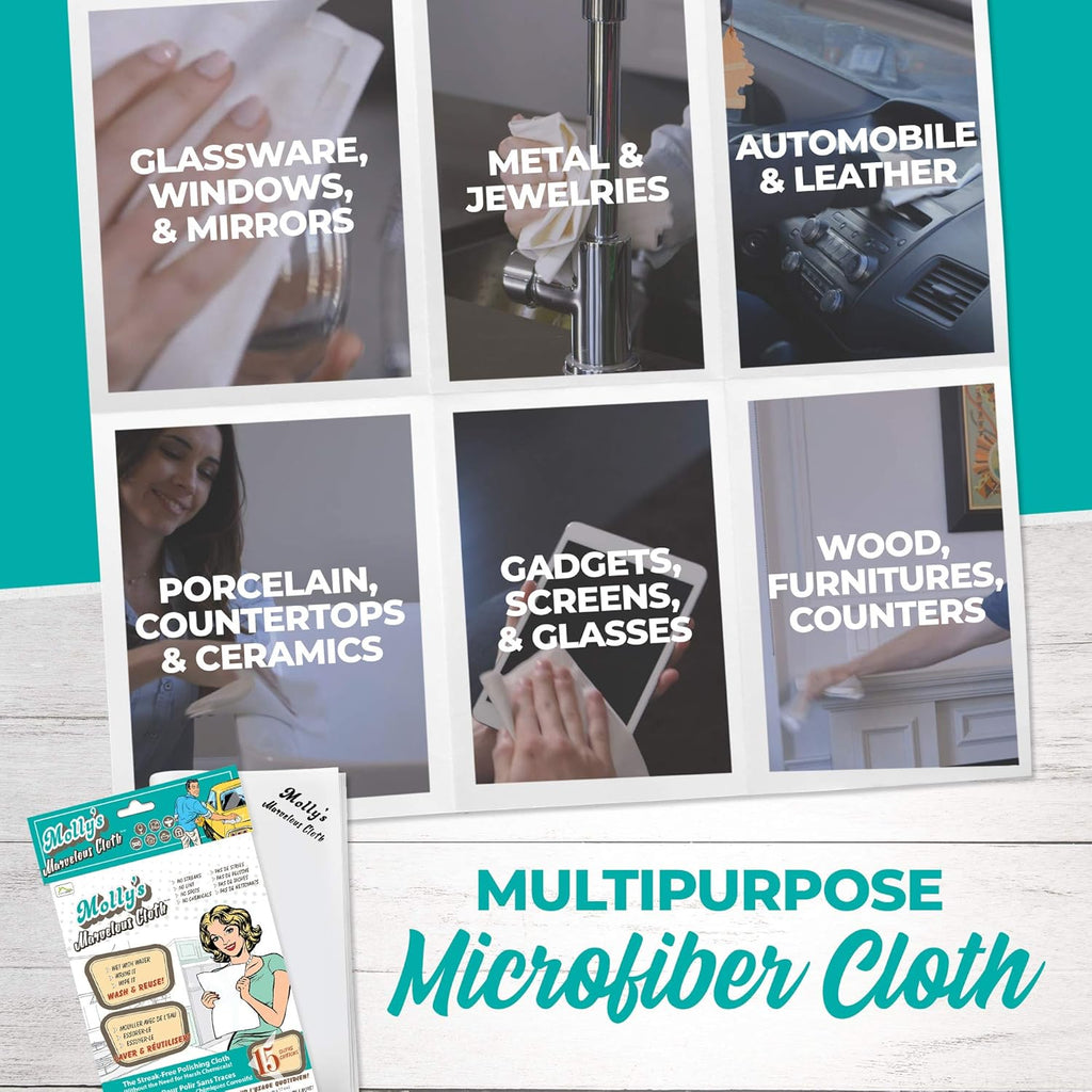Molly's Marvelous Cloth, Streak-Free, Lint-Free Microfiber Cleaning Cloth, Polishing Cloth for Glass, Stainless Steel, Use for Kitchen, Bath, Cars, Detailing, Reusable (15.75" by 16") (15pk, White)