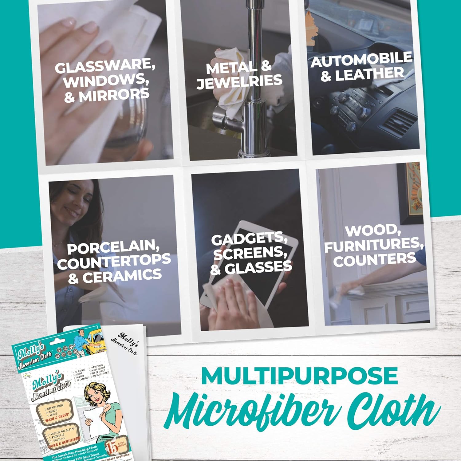 Molly's Marvelous Cloth, Streak-Free, Lint-Free Microfiber Cleaning Cloth, Polishing Cloth for Glass, Stainless Steel, Use for Kitchen, Bath, Cars, Detailing, Reusable (15.75" by 16") (15pk, White)