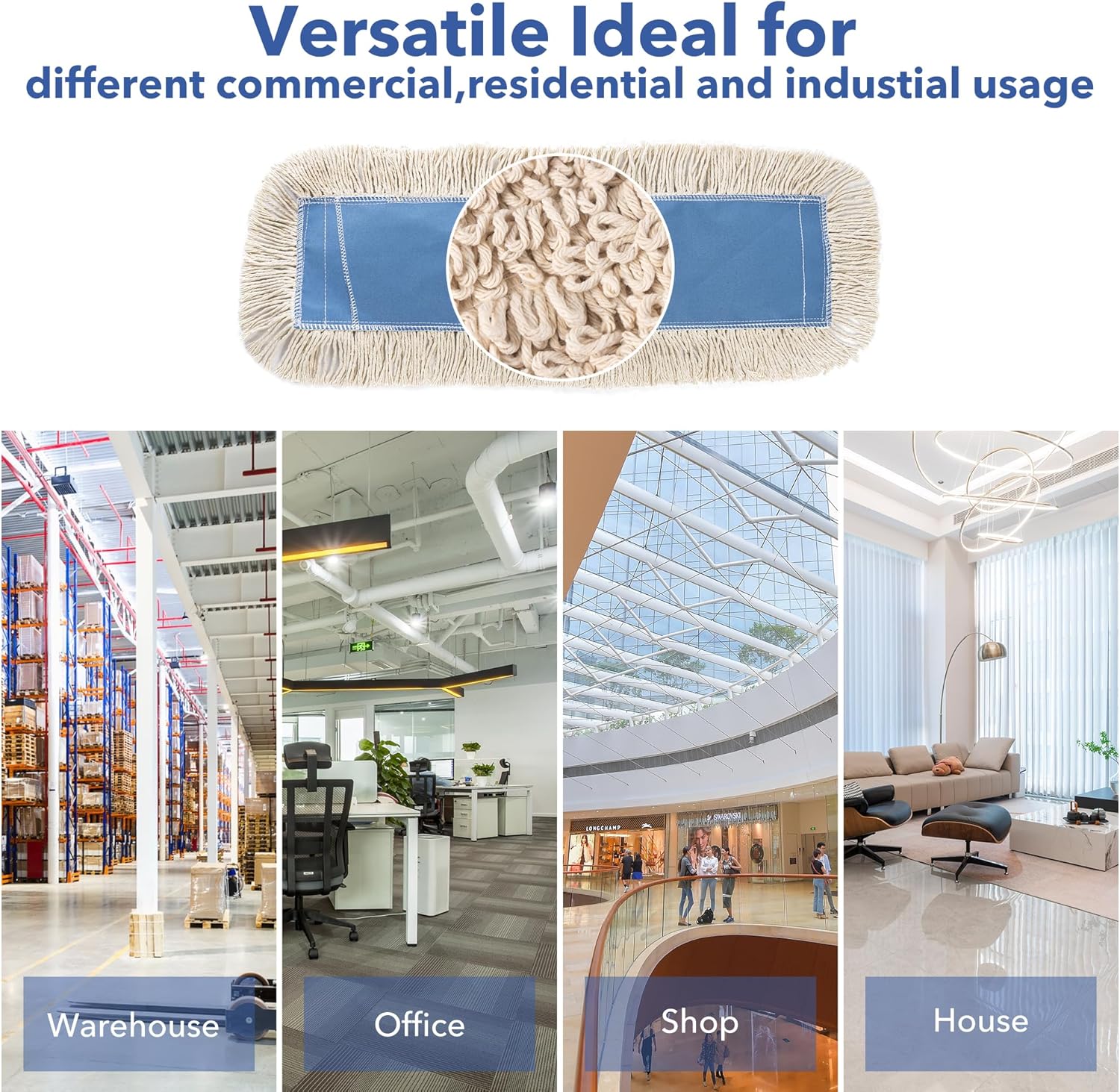 Matthew Cleaning 24'' Industrial Strength Cotton Dust Mop Refill Washable Replacement Heads for Residential & Commercial Use Fit Standard Dust Mop Frames, Hardwood,Concrete Floors Blue&White 12 Pack