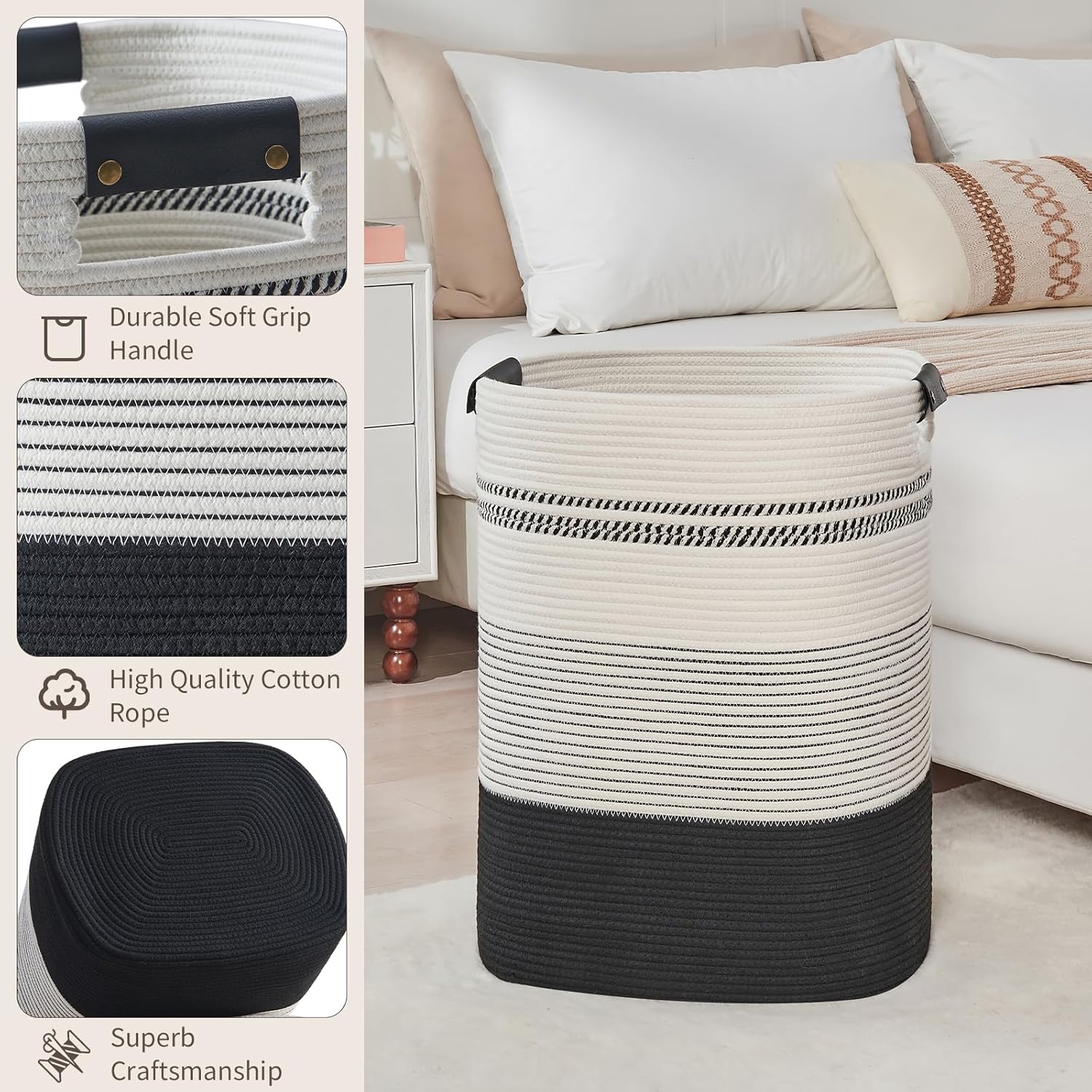 Laundry Basket with Handles - Blanket Basket & Hampers for Bedroom Aesthetic, Laundry Hamper & Blanket Storage for Living Room, Clothes Hamper, Tall, Large 17" x 14" x 22”, Black & White