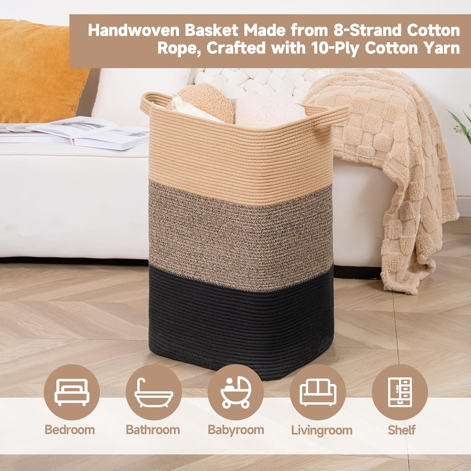 CLHMILY&Z 95L Laundry Basket Rectangular Black Jute Rope - 16x15x24 Inches - Dirty Clothes and Soft Storage Bin for Blankets, Toys, and Nursery Essentials