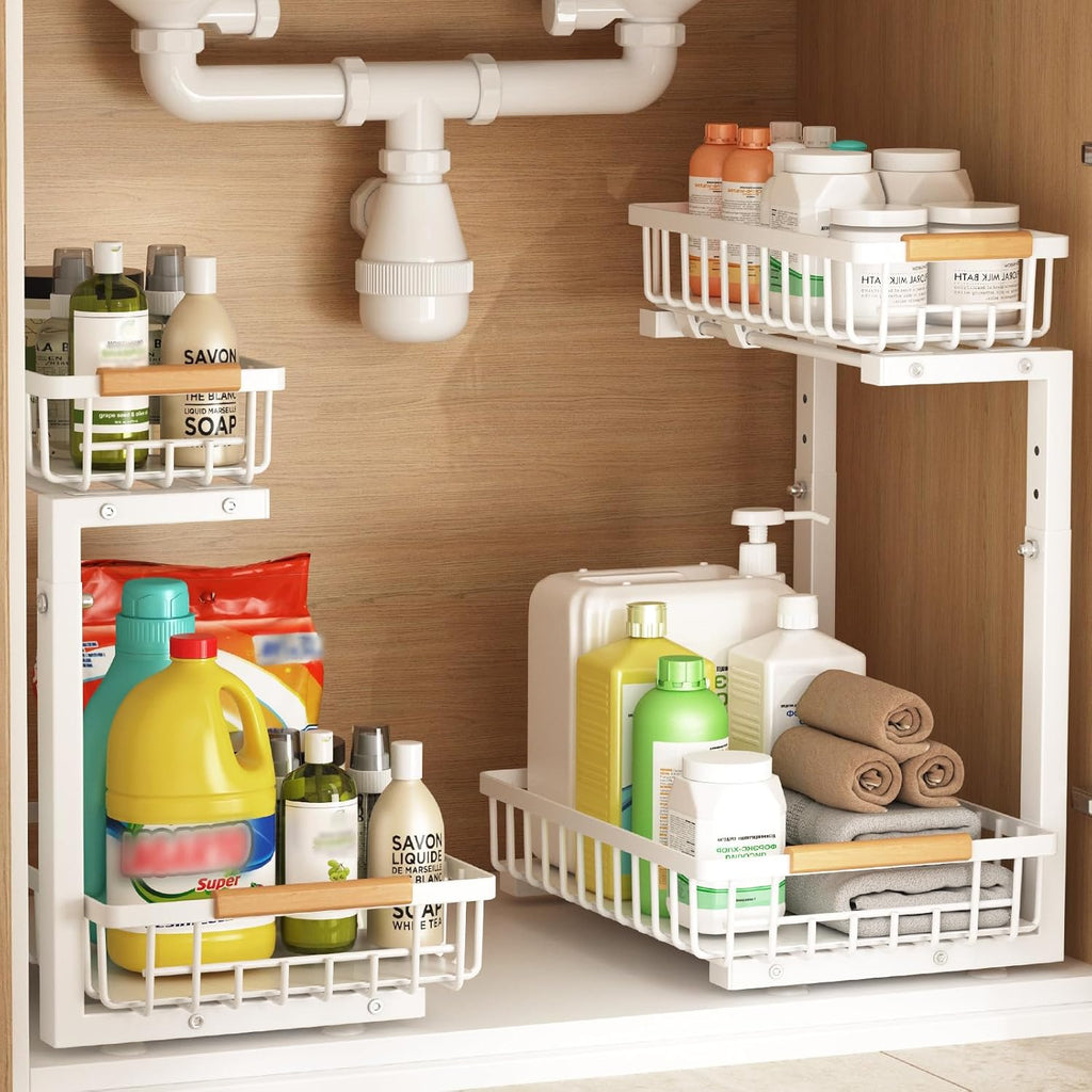 Under Sink Organizer, 2 Pack Under Sink Organizers and Storage, 2-Tier Pull Out Under Cabinet Organizer Storage Shelf, Metal Frame, Height Adjustable Rack for Bathroom Kitchen Pantry