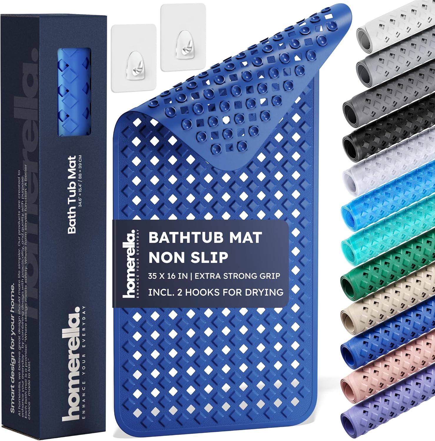 homerella® Bathtub Mat Non Slip 35x16, Incl. Hooks for Drying, Extra Long, 100% BPA Free, Shower Mat Non Slip Anti Mold, Machine Washable, Shower Mats for Inside Shower Mildew Resistant