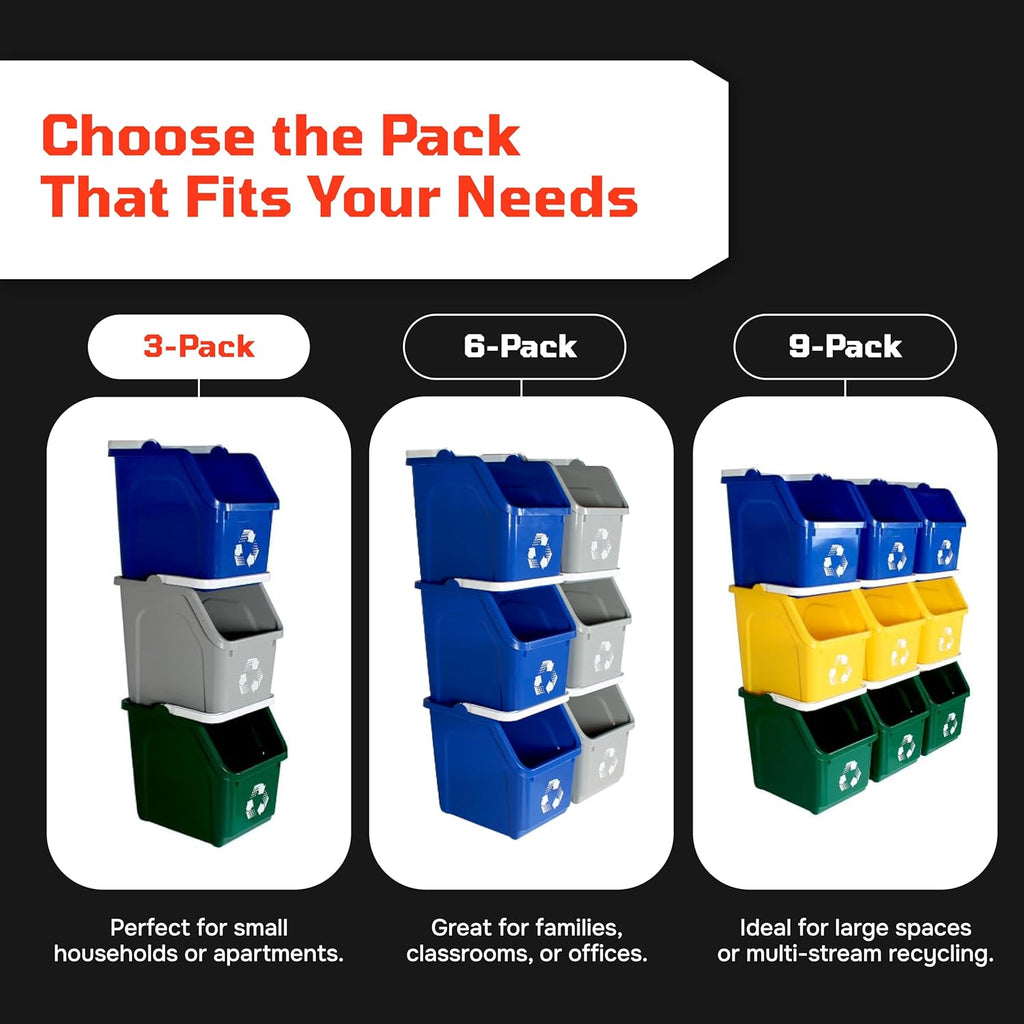 Multi Recycling Bin System with Three Stacking 6 Gallon Bins with Carrying Handles, Stackable and Compact for Offices, Homes, Garages, Businesses - (Grey, 3 Pack)
