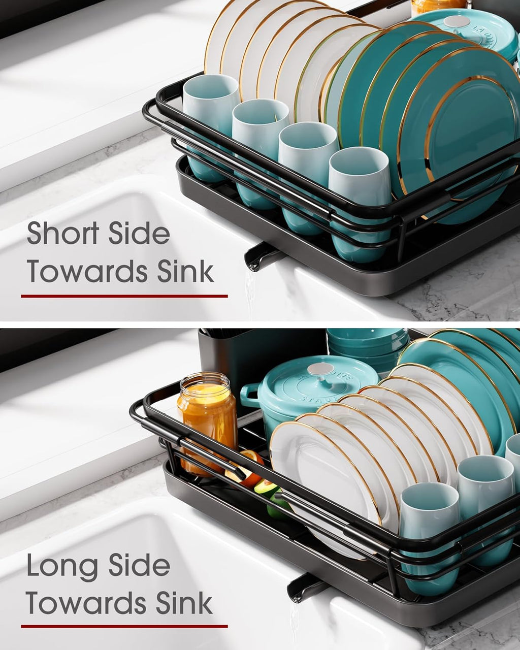 Stainless Steel Dish Drying Rack for Kitchen Counter, Sink Organization and Storage Essentials with Silverware & Utensil Holder, Home and Apartment Decor, 12" W x 15.8~23" L, Black
