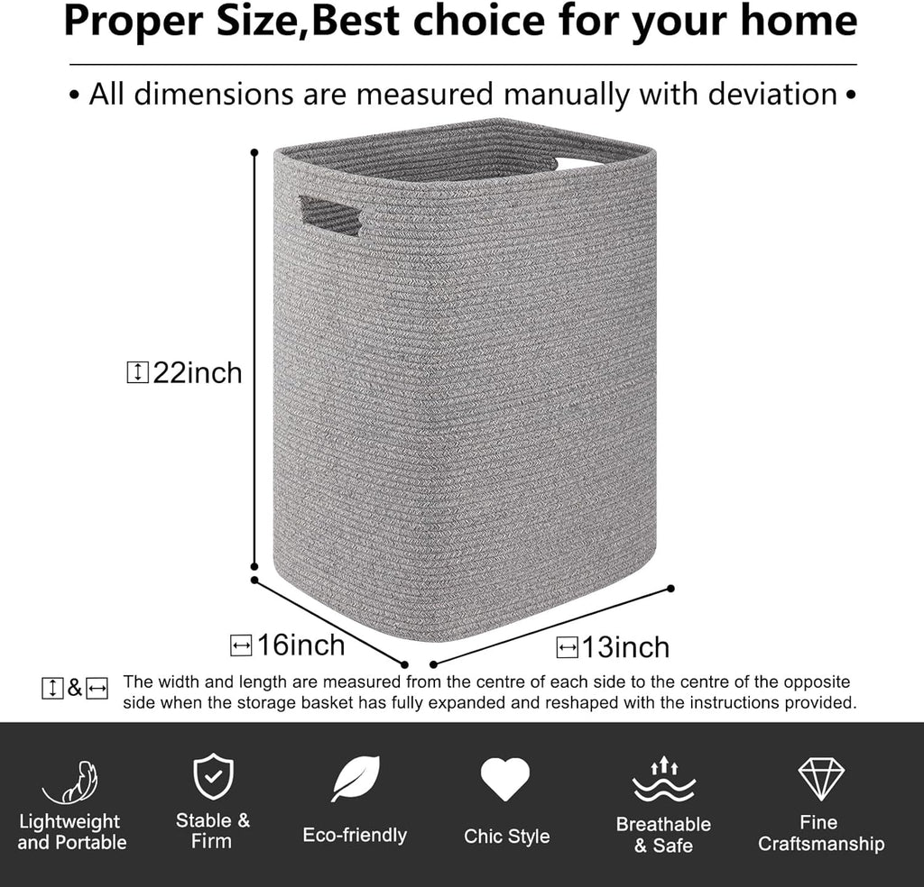 OIAHOMY Laundry Hamper, Laundry Basket，Rectangle Cotton Storage Basket with Handles, Large Blanket Basket for Living room, Woven Decorative Storage for Toys,Clothes,Pillows-16x13x22in-Grey variegated