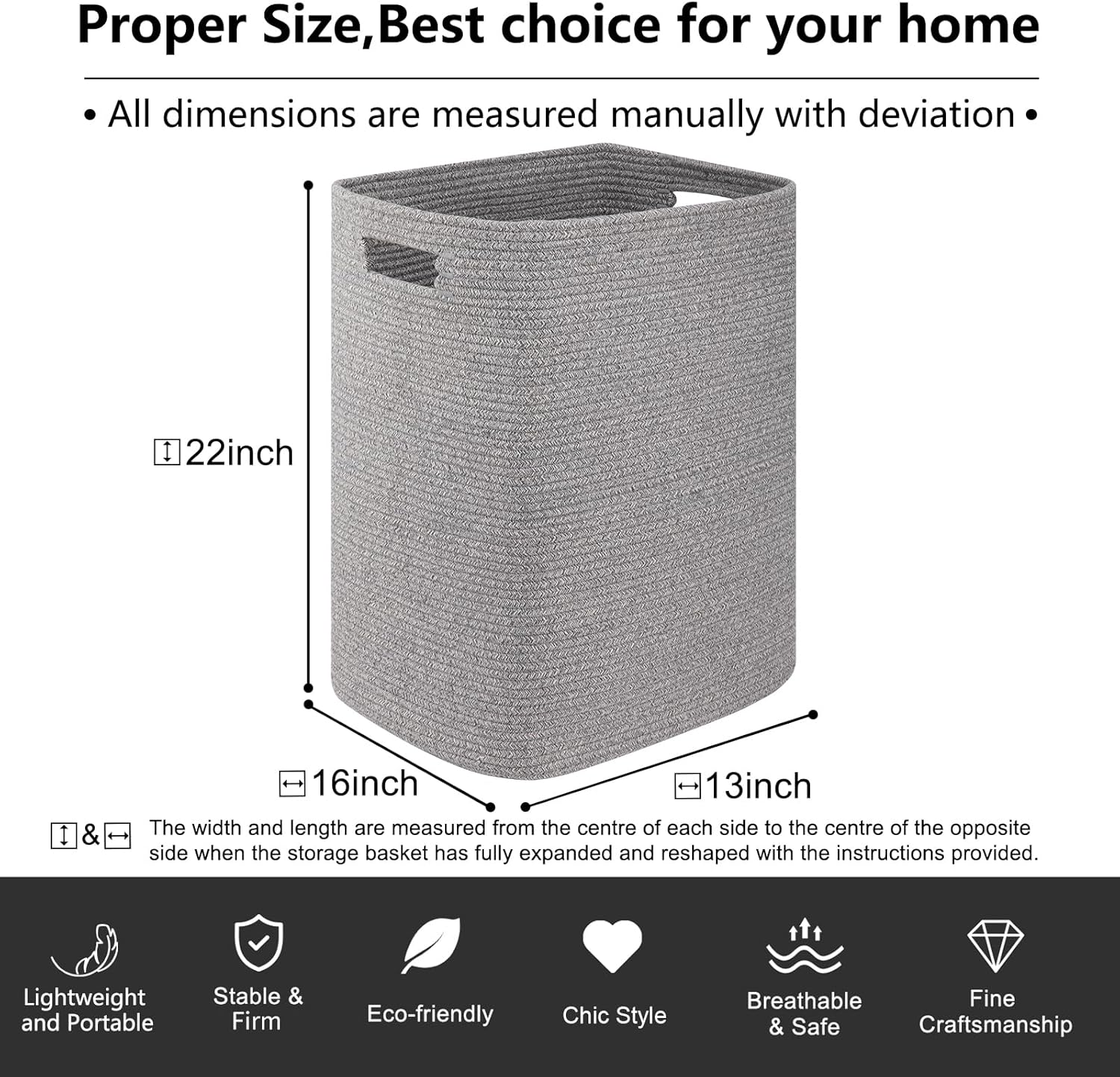 OIAHOMY Laundry Hamper, Laundry Basket，Rectangle Cotton Storage Basket with Handles, Large Blanket Basket for Living room, Woven Decorative Storage for Toys,Clothes,Pillows-16x13x22in-Grey variegated