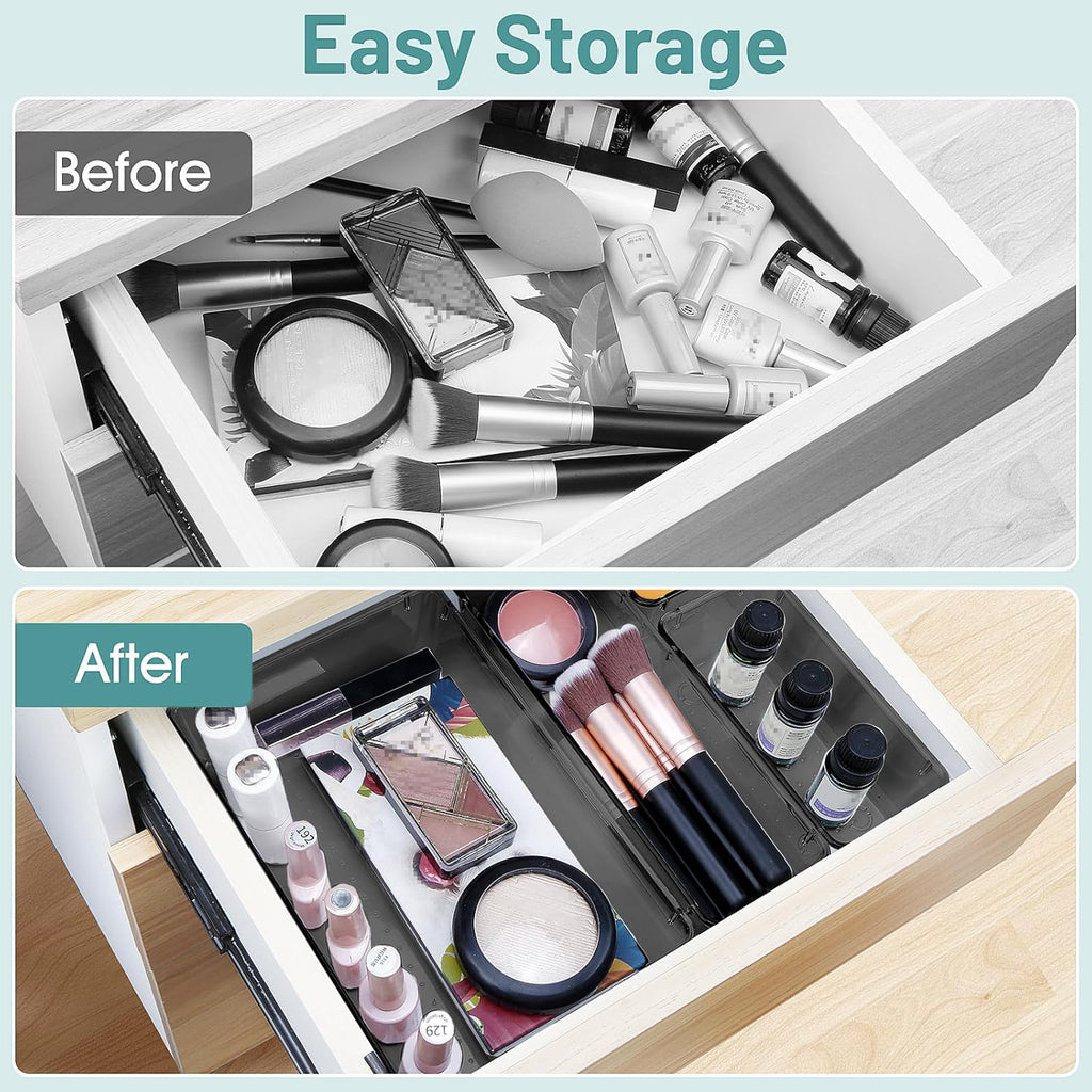 WOWBOX 25 PCS Plastic Drawer Organizer Set, Desk Drawer Divider Organizers and Storage Bins for Makeup, Jewelry, Gadgets for Kitchen, Bedroom, Bathroom, Office, Black