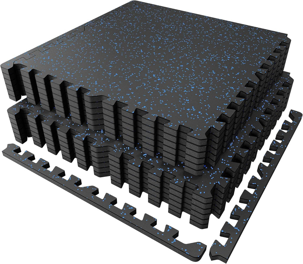 PRAISUN 0.6" Thicker Gym Mat, 12 Tiles 48 Sq Ft Workout Mats, Interlocking Foam Tiles with Rubber Top, High Density EVA Foam, Exercise Mat, Gym Flooring for Home Gym, Garage, 24 x 24in, Black/Blue