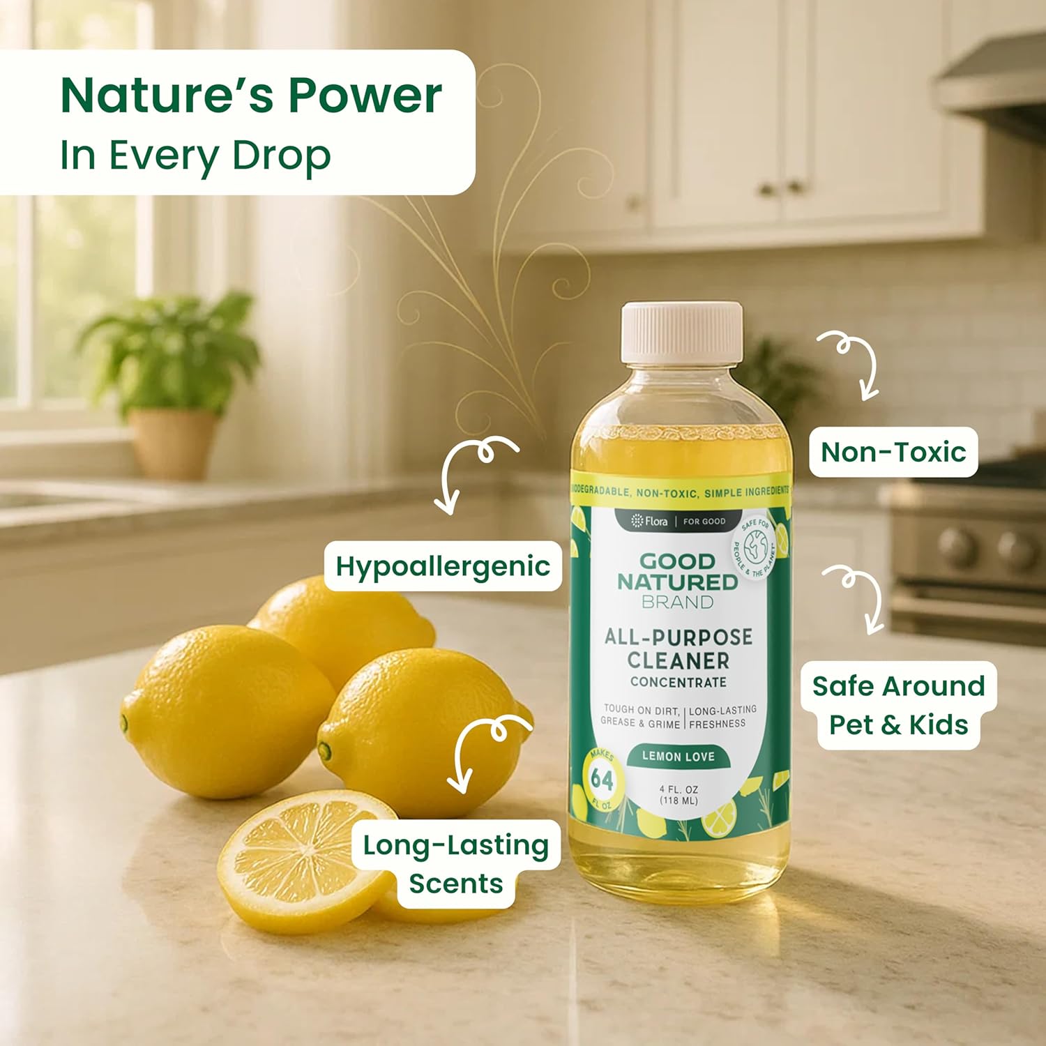 Good Natured Brand All-Purpose Cleaner Concentrate + 16 oz Bottle | Multi-Surface Cleaner | Natural Lemon Essential Oil | Multipurpose Cleaner All Surfaces | Lemon Love | 4oz makes 64oz