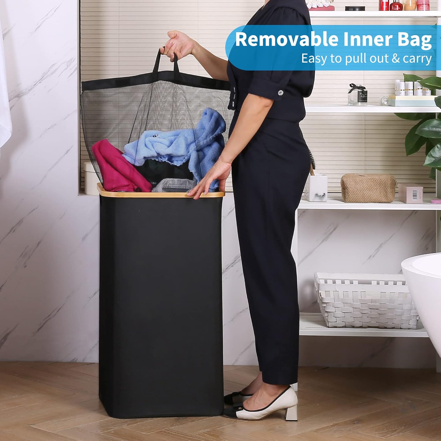 100L Laundry Basket with Lid and Net Bag, Tall Laundry Hamper with Bamboo Handles, Aesthetic Dirty Clothes Bin for Laundry Room, Bathroom, Bedroom and Dorm, Black