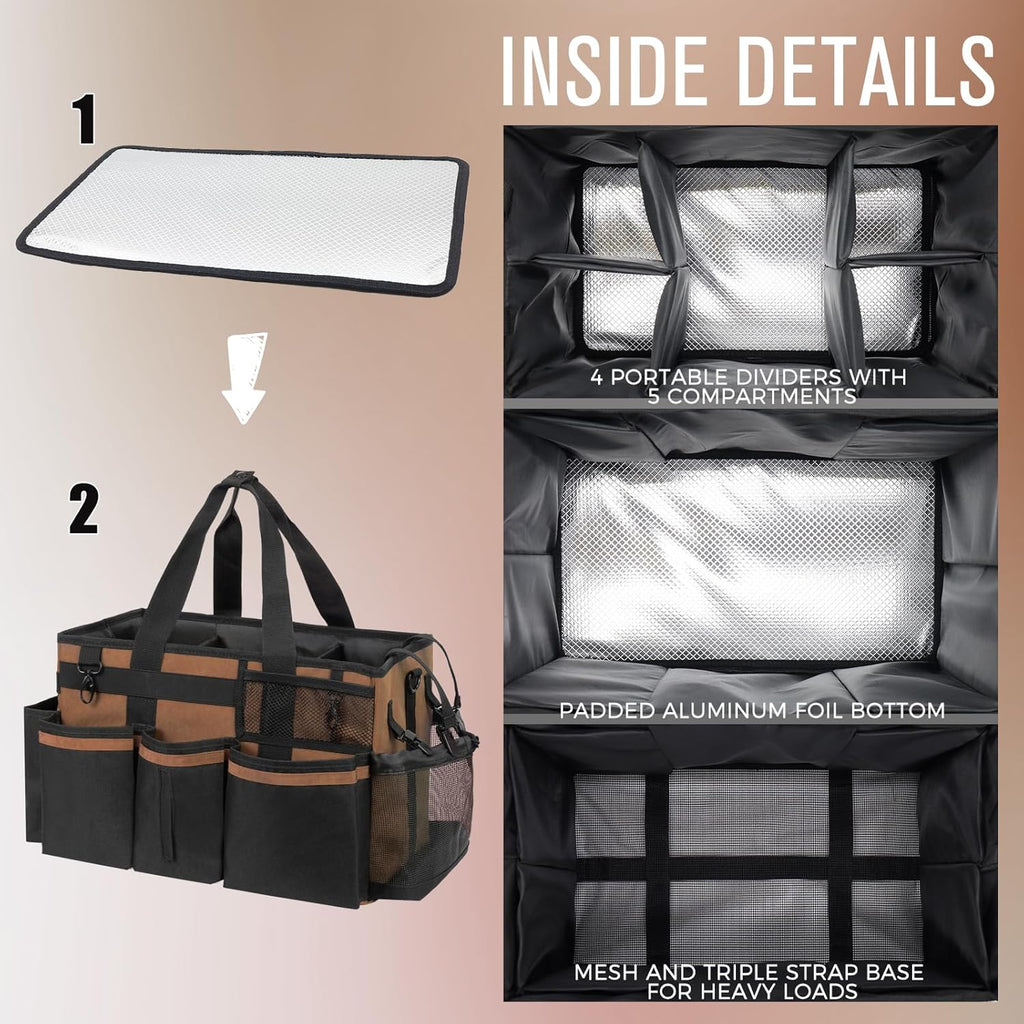 Wearable Cleaning Caddy, Cleaning Caddy Supplies Organizer with Handle & Shoulder Straps for Housekeepers, Under Sink & Car Cleaning Tool Organizers Bag with 4 Foldable Divider (Brown)