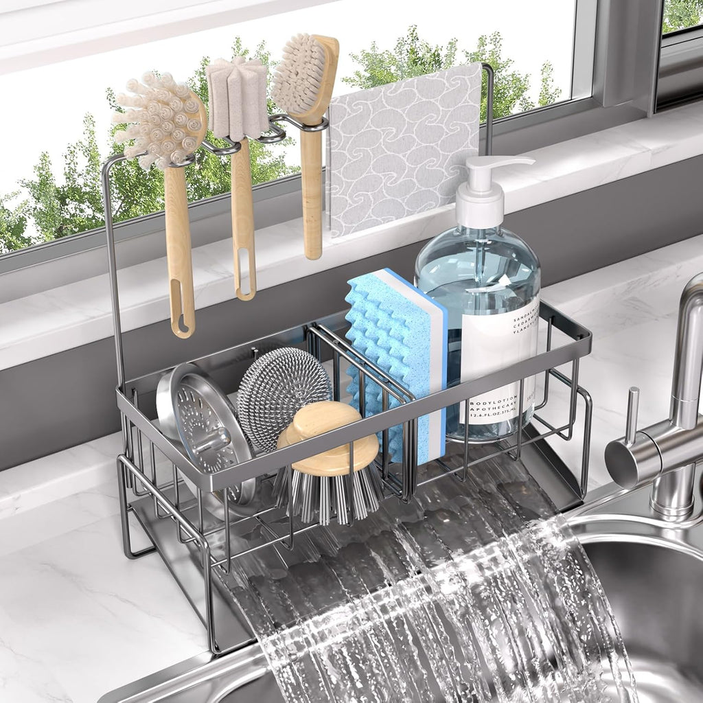 NET MEYA Sponge Holder for Kitchen Sink,Stainless Steel Sink Caddy with Dish Brush Holder,Kitchen Sink Organizer Countertop Sink Holder,Dish Soap Holder for Kitchen Sink Organizer