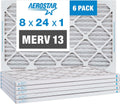 Aerostar 8x24x1 MERV 13 Pleated Air Filter, AC Furnace Air Filter, 6 Pack (Actual Size: 8" x 24" x 1")