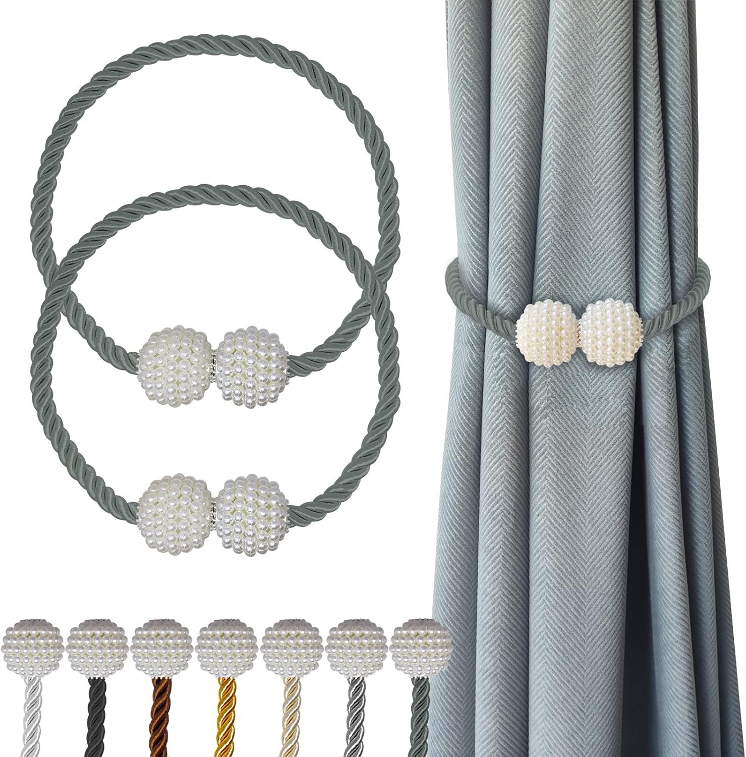 Hion Magnetic Curtain Tiebacks Gray Blue 2pcs, Curtain Tiebacks Buckles Holdbacks Holders Hooks Clip for Home Bedroom Office Decorative Curtain