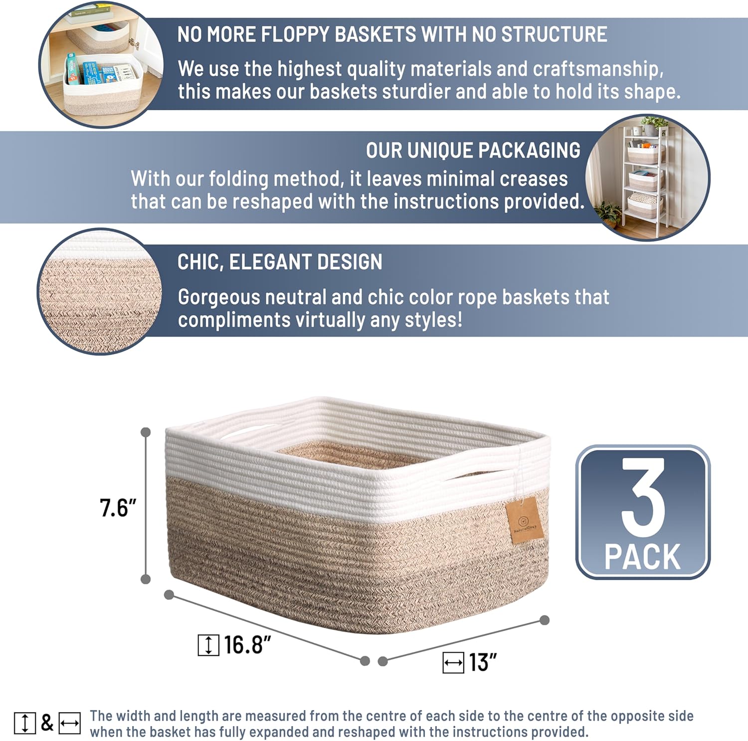 NaturalCozy Storage Baskets 16.8”x13”x7.6” Cotton Rope Woven Baskets for Organizing 3-Pack | Toy Storage Bins | Basket for Shelves, Laundry, Blanket, Clothes, Closet, Kitchen, Bathroom, Gifts