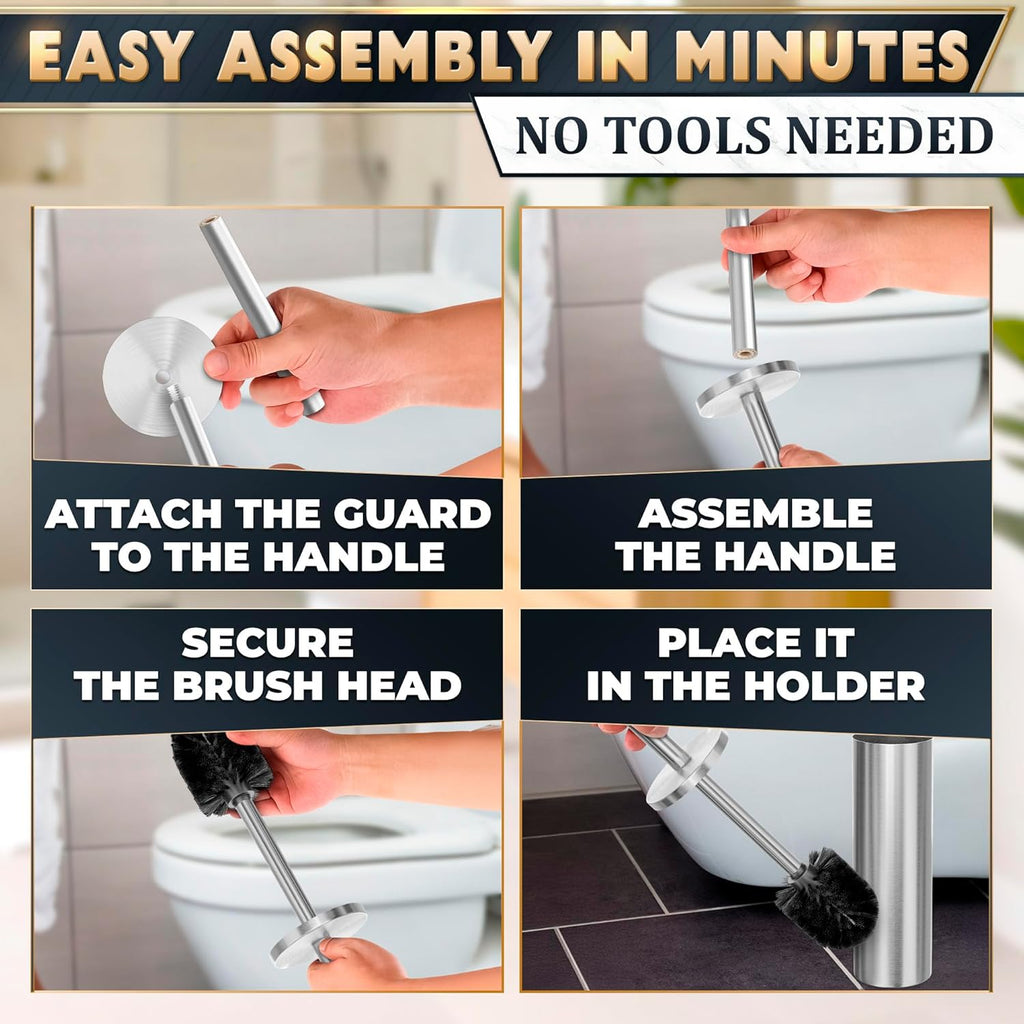 Stylish Stainless Steel Toilet Brush and Holder Set - Silver Toilet Bowl Brush and Holder with Splash Cover, Sturdy Bristles, Corrosion & Scratch Resistant - Elegant Design, Effective Deep Cleaning