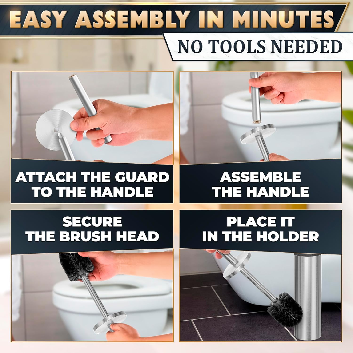 Stylish Stainless Steel Toilet Brush and Holder Set - Silver Toilet Bowl Brush and Holder with Splash Cover, Sturdy Bristles, Corrosion & Scratch Resistant - Elegant Design, Effective Deep Cleaning