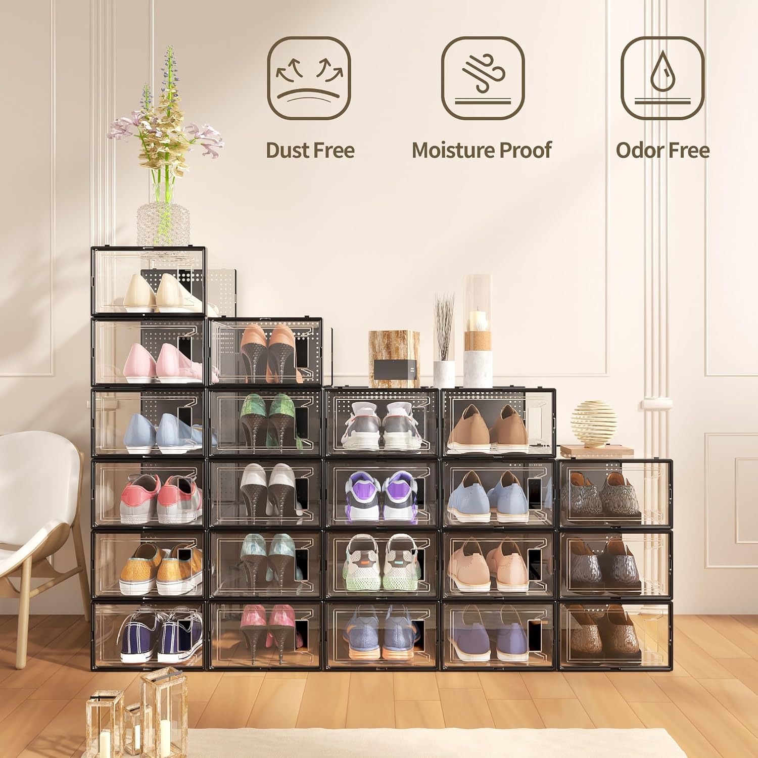 12 Pack X Large Shoe Storage Organizer for Closet, Modular Space Saving Shoe Boxes Clear Plastic Stackable Containers Display Case Bins with Lids, Black