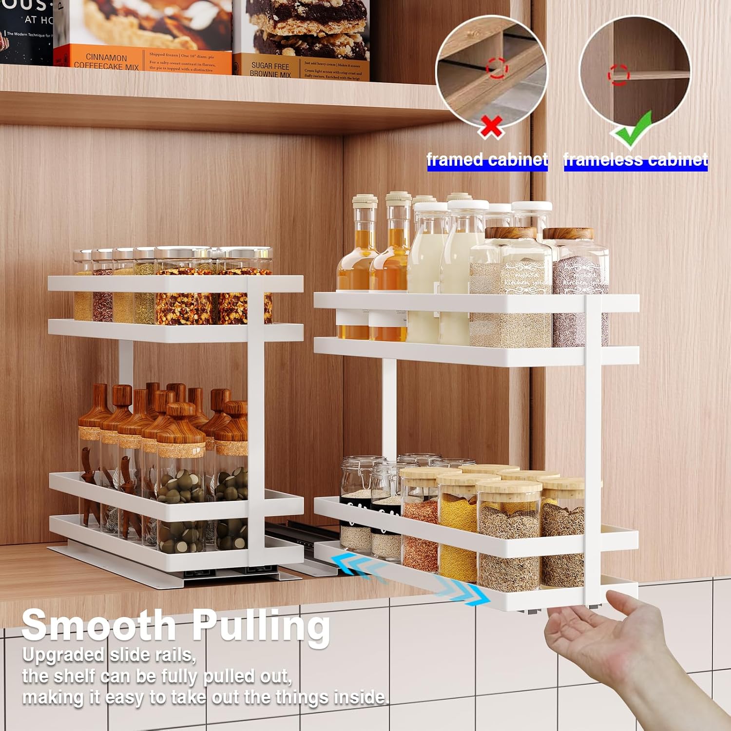 2 Pack Pull Out Spice Rack Organizer for Cabinet, 2 Tier Metal Slide Out Seasoning Organizer and Storage Heavy Duty Vertical Spice Rack Shelf Pullout for Kitchen Cabinets No Drilling (White)