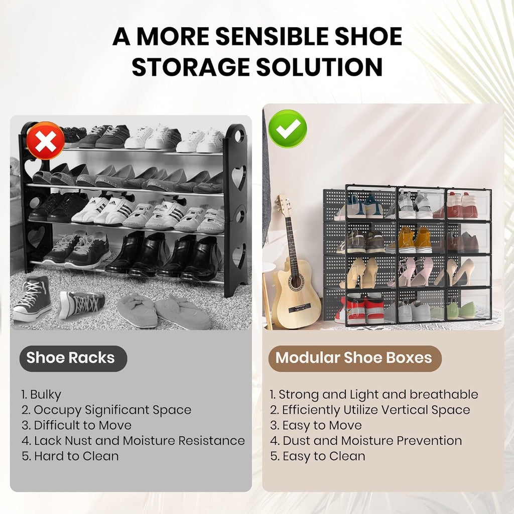 12 Pack XX-Large Modular Clear Plastic Stackable Shoe Storage Organizer for Closet, Space Saving Versatile Sneaker Shoe Rack Containers Bins Holders, Portable Closet Organizers and Storage, Black