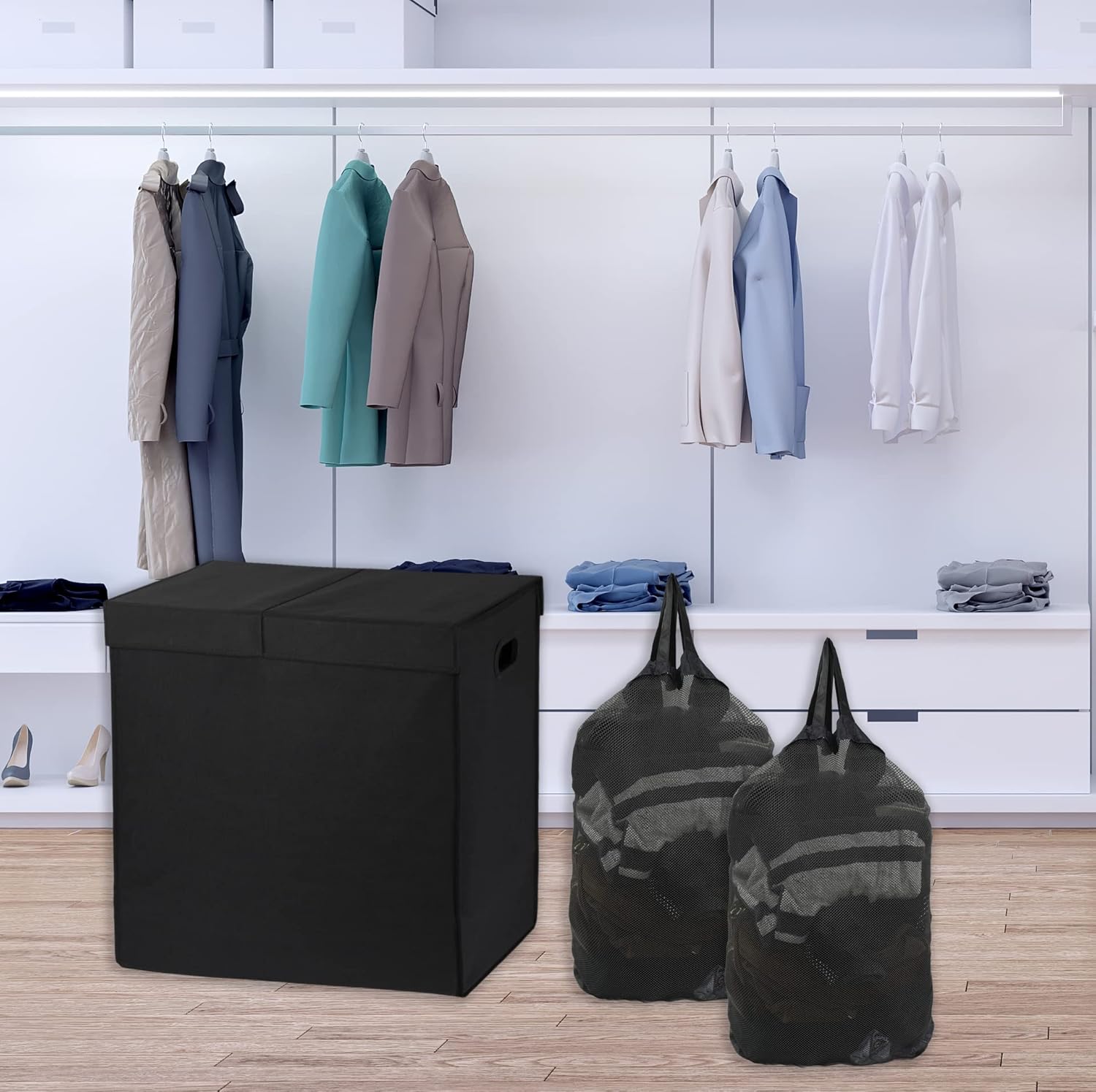 Simple Houseware Double Laundry Hamper with Lid and Removable Bags, Black