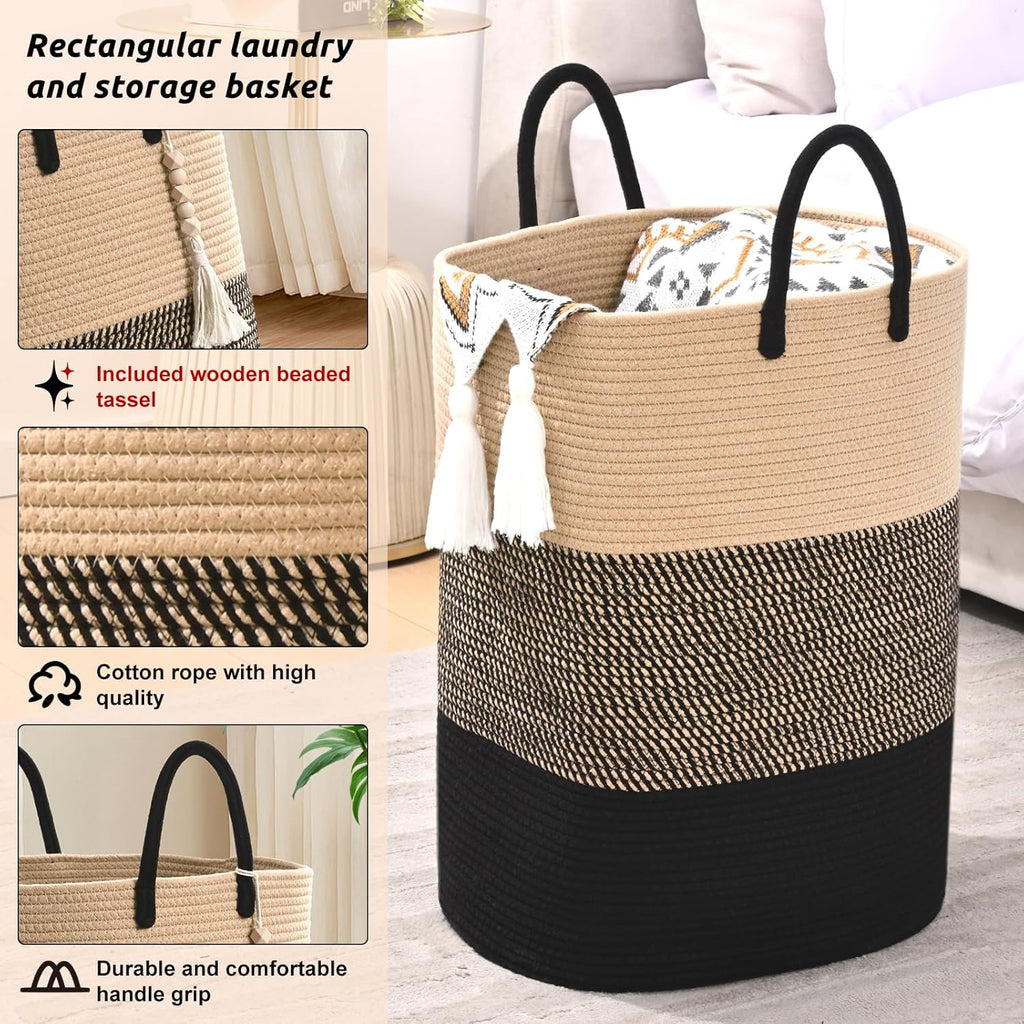 Woven Laundry Basket for Clothes, 50 L Large Rectangle Laundry Hampers with Beads Tassel, Nursery Storage Basket for Toys, Tall Dirty Clothes Hamper for Bedroom Aesthetic, Laundry Room Organization