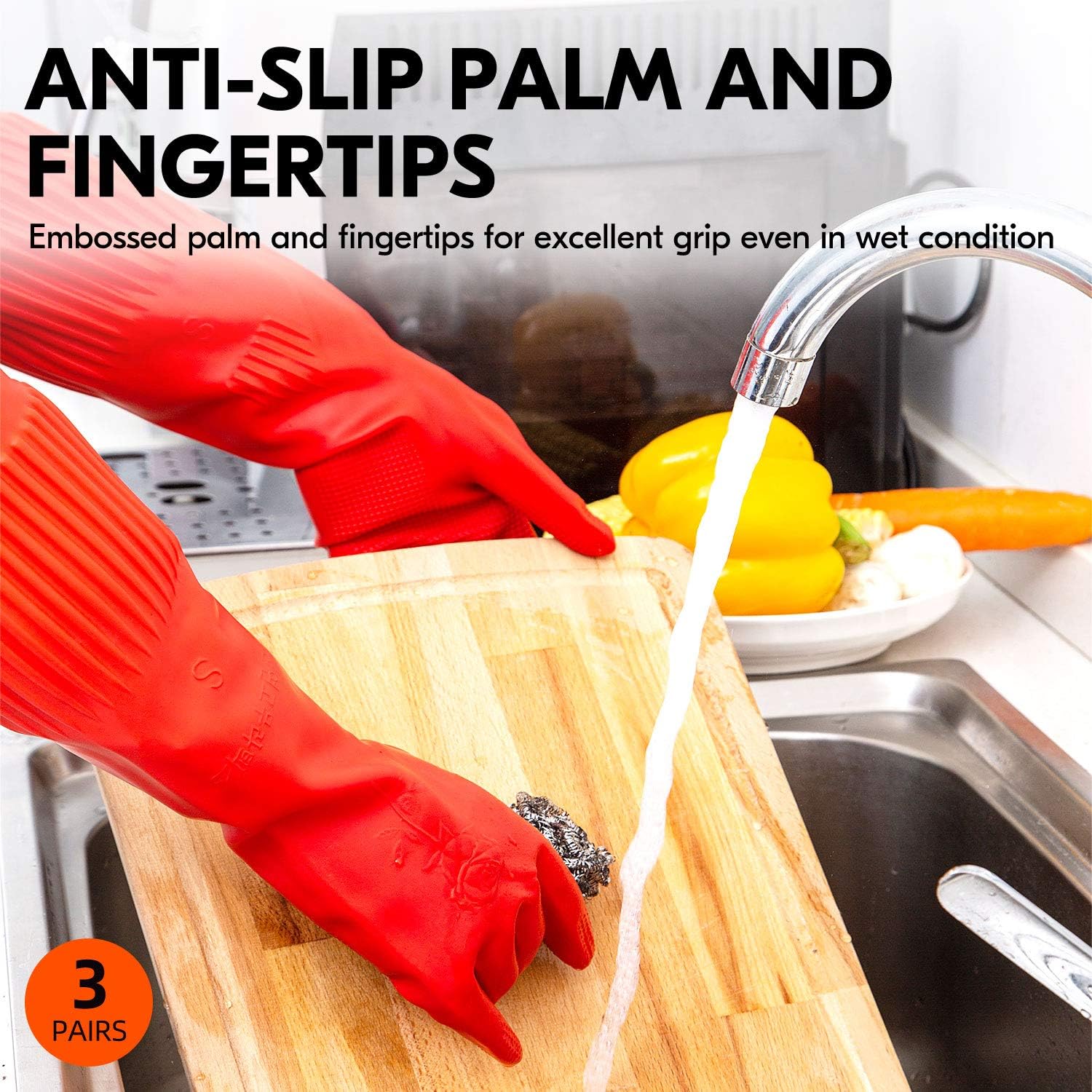 Vgo... 3-Pairs Dishwashing Gloves, Reusable Household Gloves, Long Sleeve, Thick Latex, Cleaning, Washing, Working, Painting, Gardening, Pet Care (Size L, Red, RB2143)