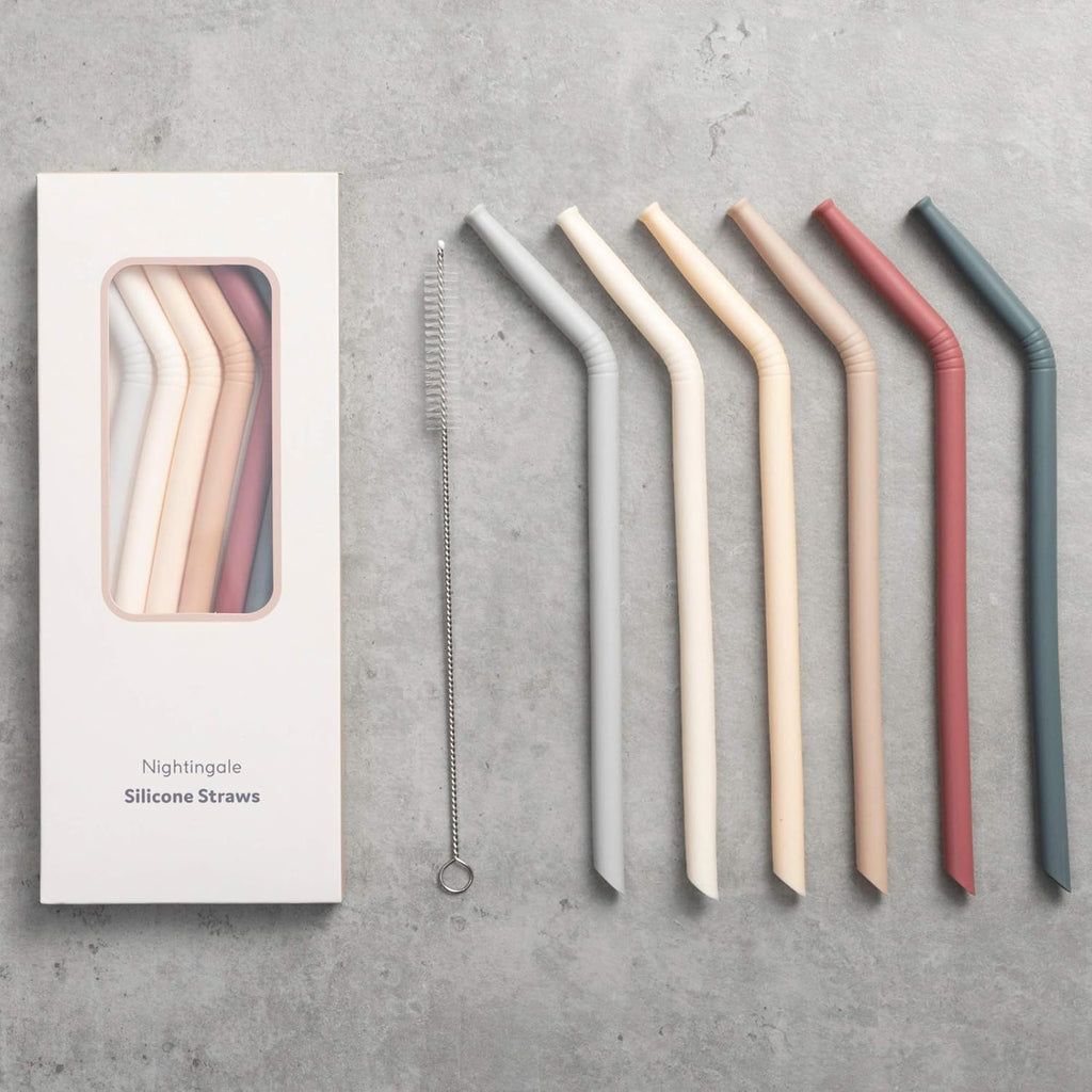 Nightingale Reusable Silicone Straws - Bendy Drinking Straw with Cleaning Brush - Collapsible and Bendable Travel Straw for Kids - Dishwasher Safe, Food-Safe - Set of 6 (Oak Multi)