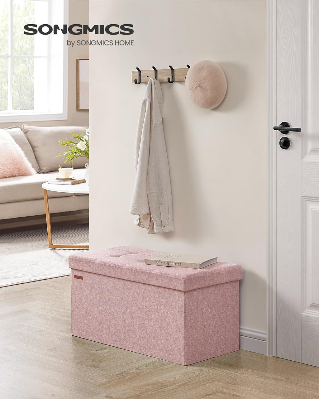 SONGMICS Mazie Collection - 30 Inches Folding Storage Ottoman Bench, Ottoman Foot Rest, End of Bed Bench, Storage Chest, Load 660 lb, for Living Room, Bedroom, Entryway, Jelly Pink ULSF047R11