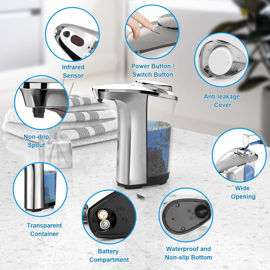 Automatic Soap Dispenser, Touchless Dish Soap Dispenser 17oz/500ml with Upgraded Infrared Sensor, 5 Adjustable Soap Dispensing Levels, Liquid Hand Dispenser for Bathroom (Silver Set)