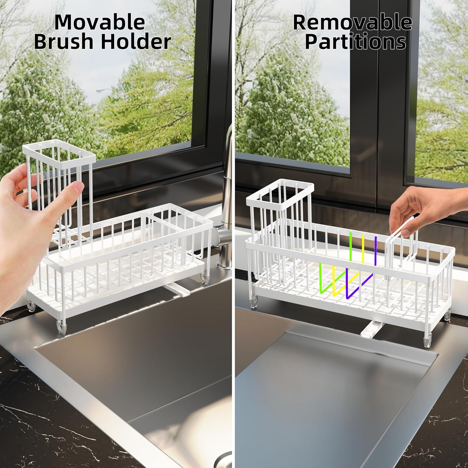 Moforoco Extra Large Kitchen Sink Caddy, Rustproof Sponge Holder for Kitchen Sink with High Brush Holder, Stainless Steel White Kitchen Caddy Sink Countertop Organizer, Sponge Caddy for Kitchen Sink