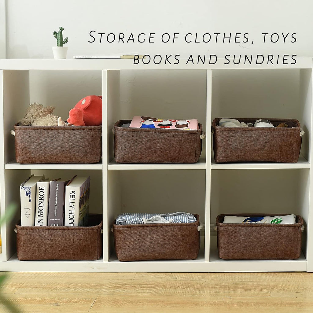 TheWarmHome Storage Basket for Organizing - 12x8x5 inch Small 6 Pack Collapsible Storage Bin for Shelves with Handles, Canves Storage Box for Cloth Closet Organizer Gift Toy (Brown)