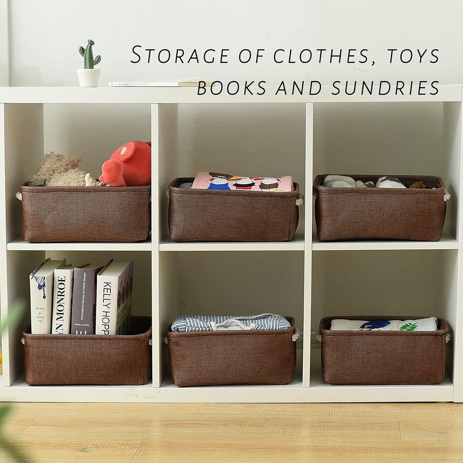 TheWarmHome Storage Basket for Organizing - 12x8x5 inch Small 6 Pack Collapsible Storage Bin for Shelves with Handles, Canves Storage Box for Cloth Closet Organizer Gift Toy (Brown)