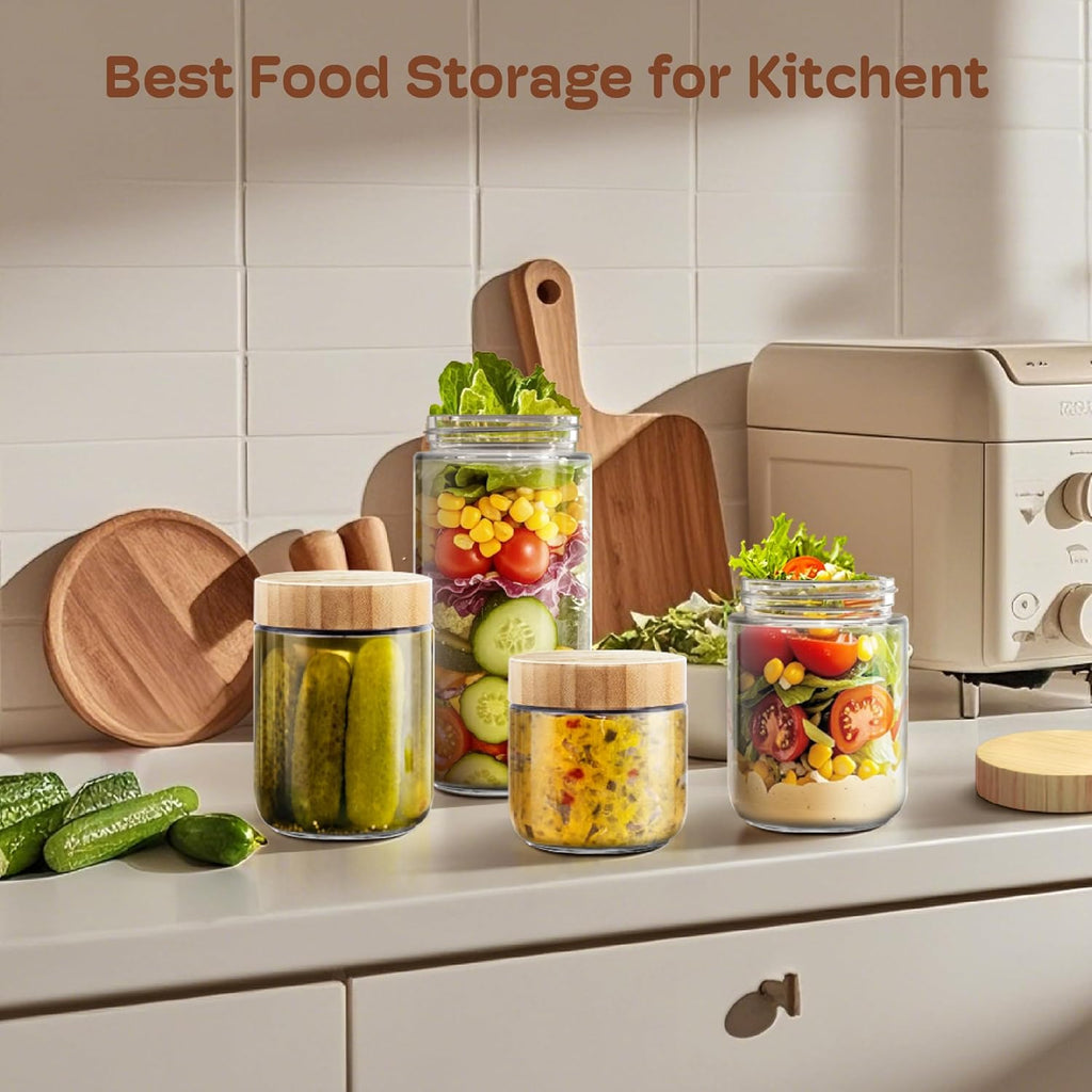 4 pack 16oz Overnight Oats Containers with Bamboo Lids, Glass Jars with Airtight Lids for Meal Prep, Wide Mouth Mason Salad Jars, Glass Food Storage Container for Yogurt Chia Snacks Spice Sugar